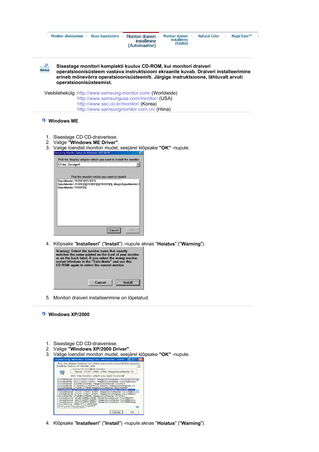 Samsung RL19PSUSQ/EDC, RL17ASQS/EDC, RL19PSQSQ/EDC manual Valige Windows ME Driver 