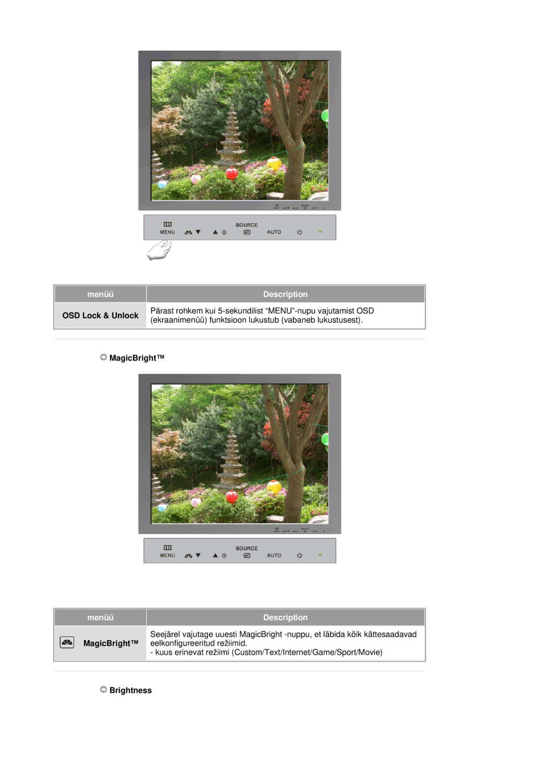 Samsung RL19PSUSQ/EDC, RL17ASQS/EDC, RL19PSQSQ/EDC manual MenüüDescription 