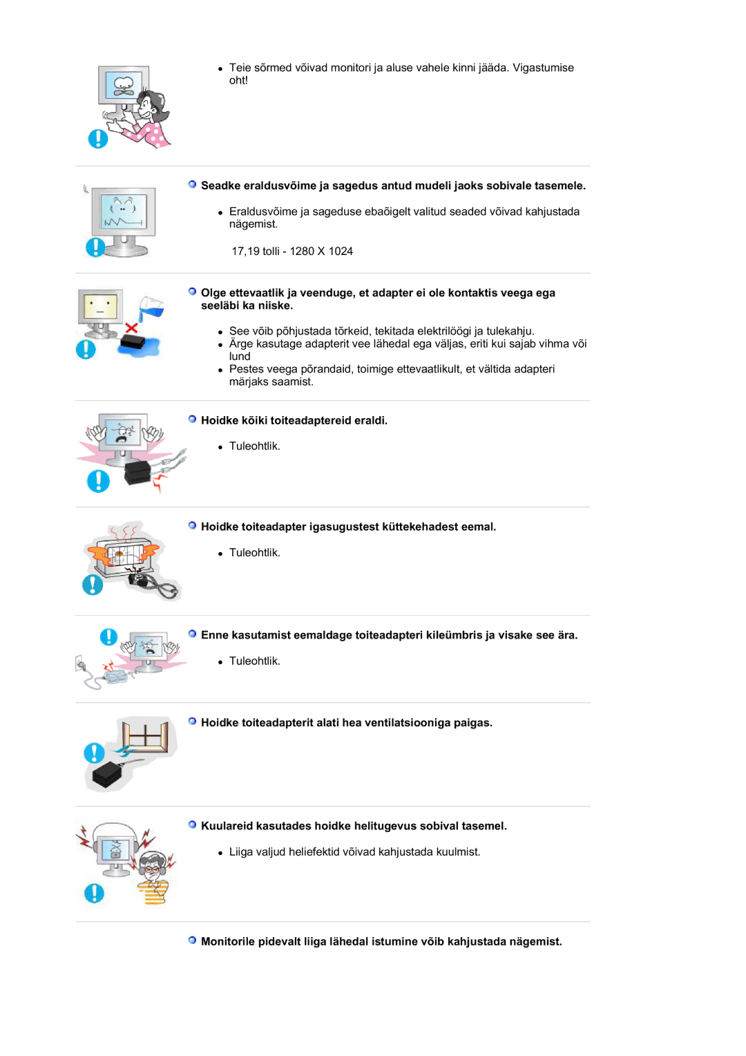 Samsung RL17ASQS/EDC manual Hoidke kõiki toiteadaptereid eraldi, Hoidke toiteadapter igasugustest küttekehadest eemal 