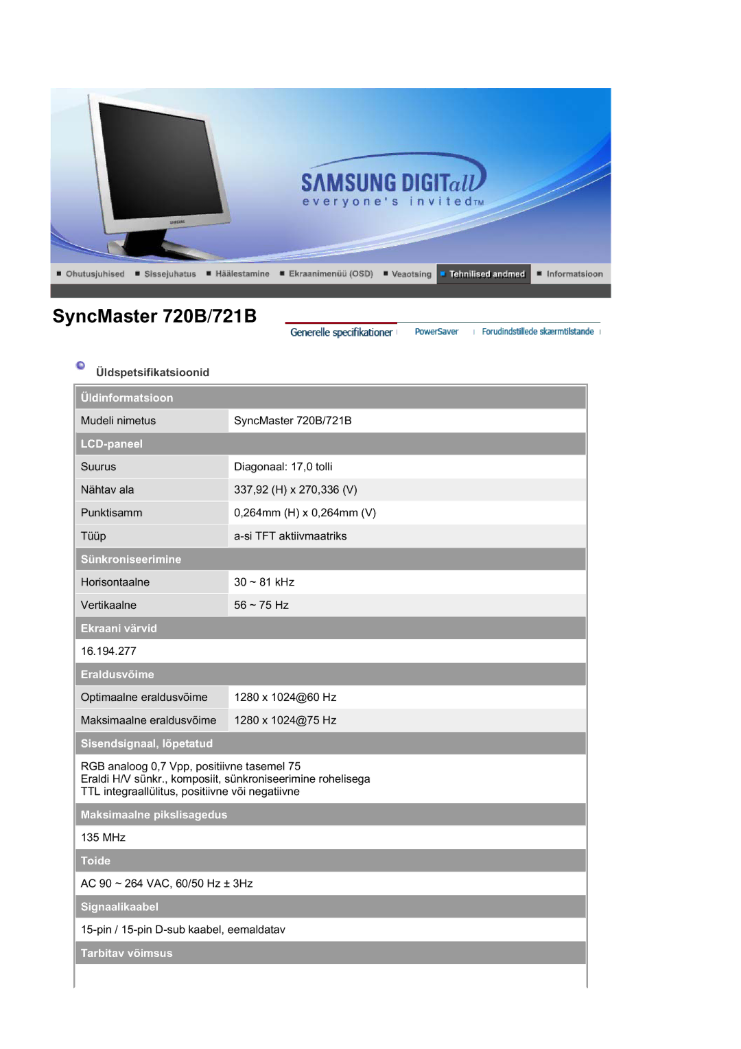 Samsung RL17ASQS/EDC, RL19PSUSQ/EDC, RL19PSQSQ/EDC manual Üldinformatsioon 