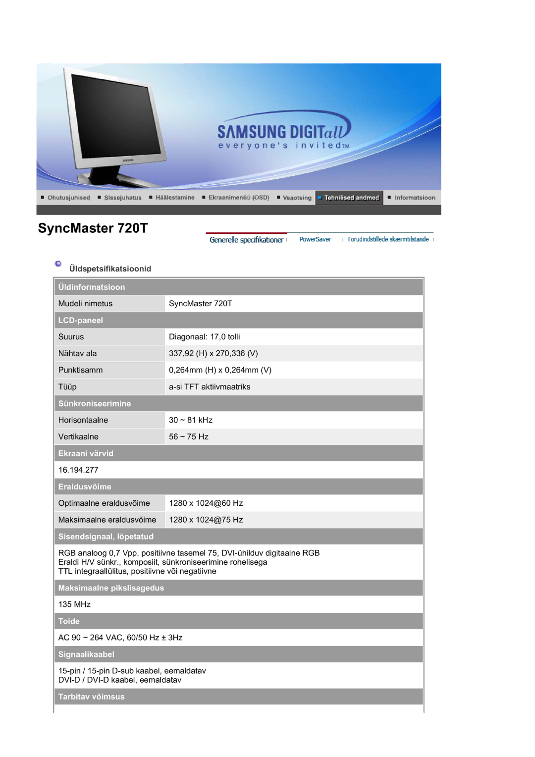 Samsung RL17ASQS/EDC, RL19PSUSQ/EDC, RL19PSQSQ/EDC manual SyncMaster 720T 