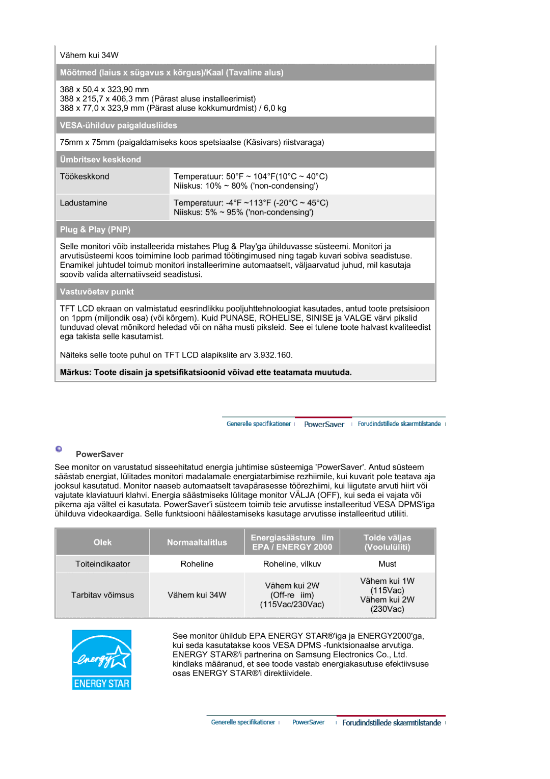 Samsung RL19PSQSQ/EDC, RL19PSUSQ/EDC, RL17ASQS/EDC manual EPA / Energy 