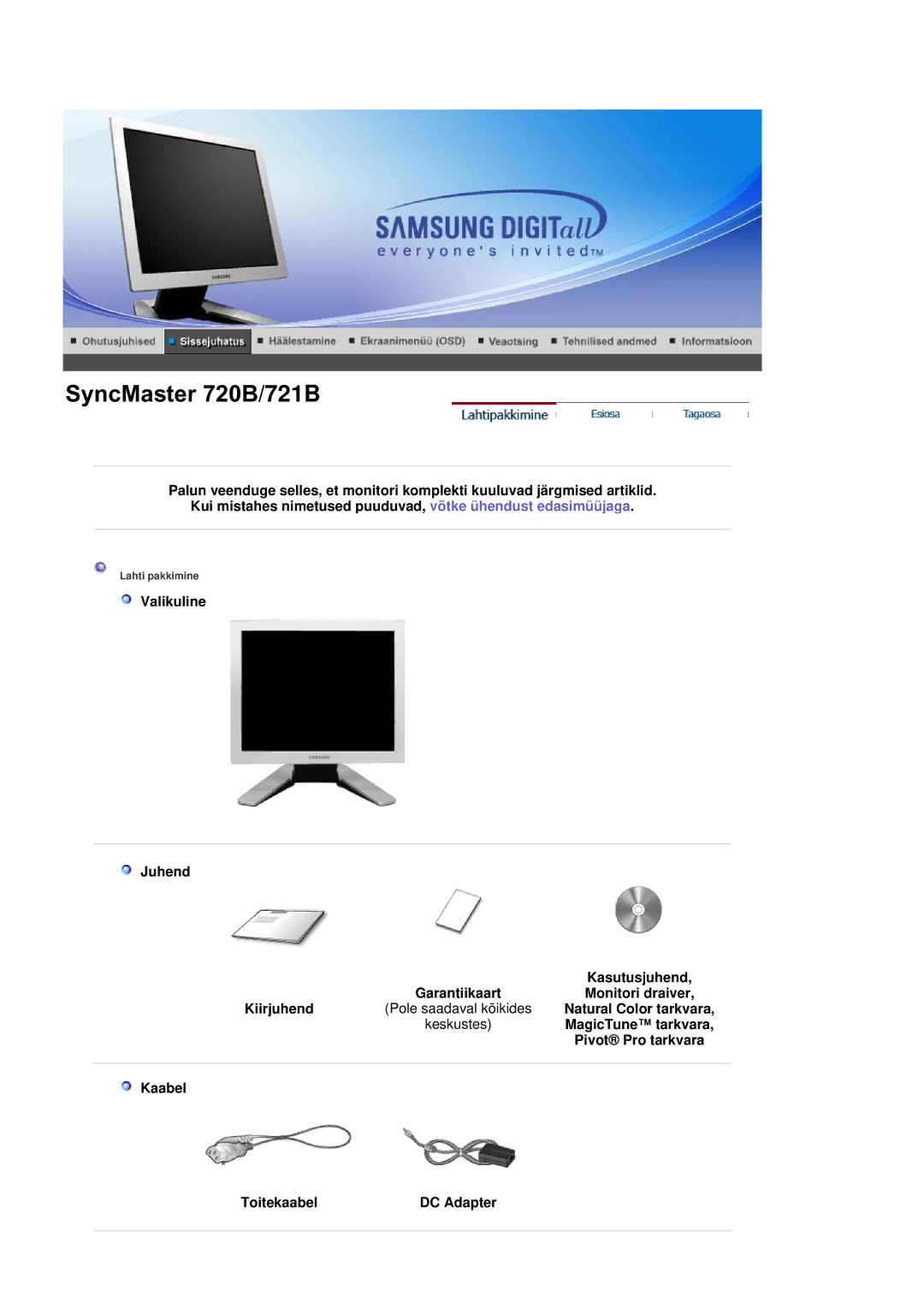 Samsung RL19PSUSQ/EDC manual Natural Color tarkvara, MagicTune tarkvara, Pivot Pro tarkvara, Kaabel Toitekaabel DC Adapter 