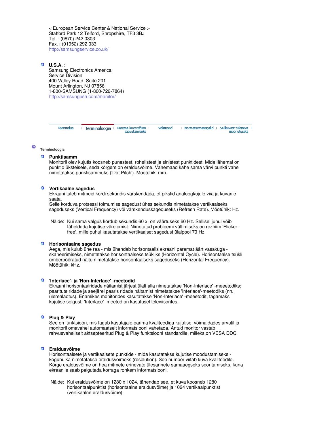 Samsung RL17ASQS/EDC manual Punktisamm, Vertikaalne sagedus, Horisontaalne sagedus, Interlace- ja Non-Interlace -meetodid 