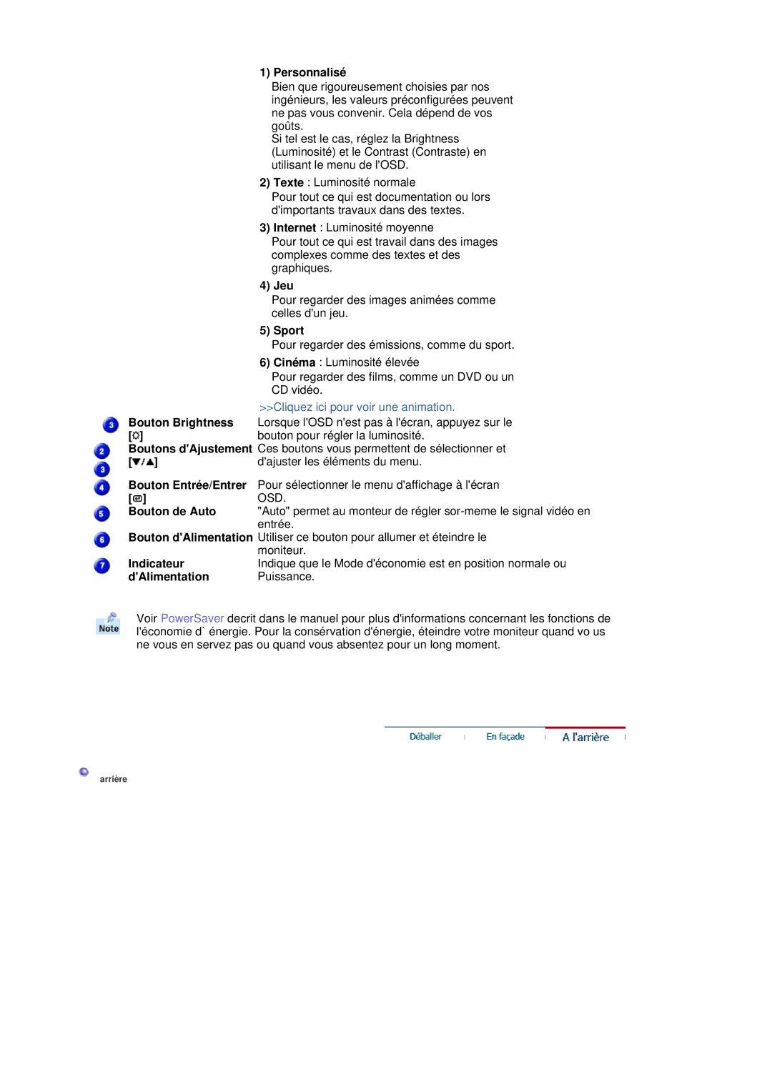 Samsung RL19PSQSQ/EDC Personnalisé, Jeu, Sport, Bouton Brightness, Boutons dAjustement, Bouton Entrée/Entrer, Indicateur 