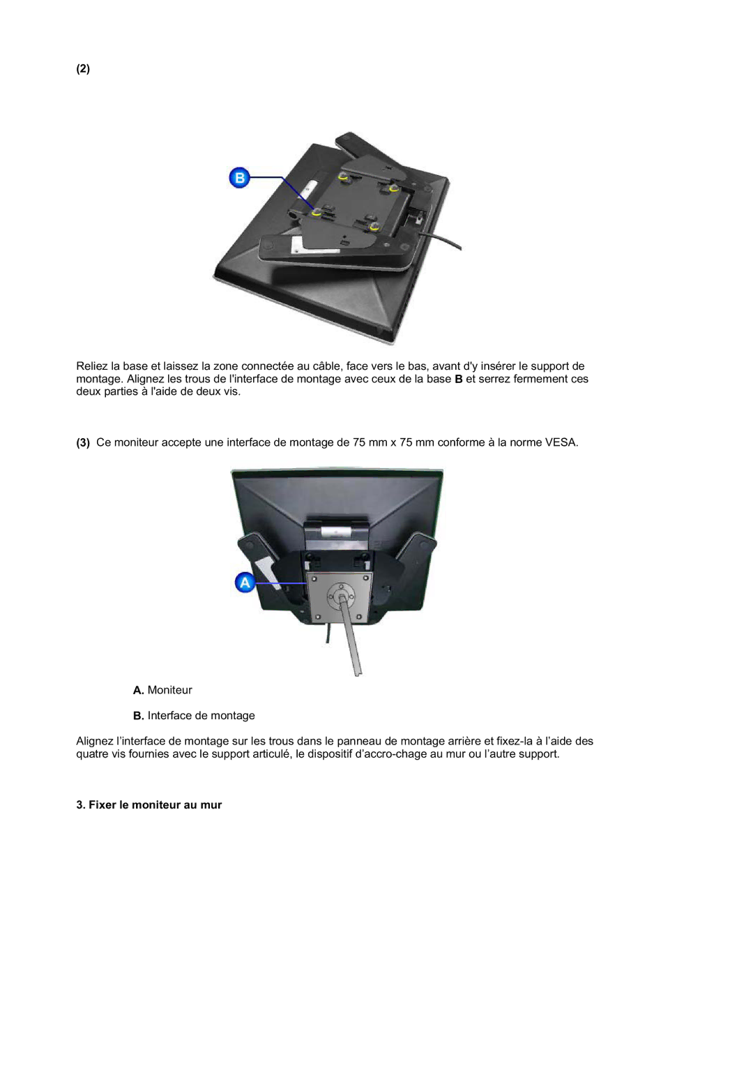 Samsung RL17ASQS/EDC, RL19PSUSQ/EDC, RL17ASUS/EDC, RL19PSQSQ/EDC manual Fixer le moniteur au mur 