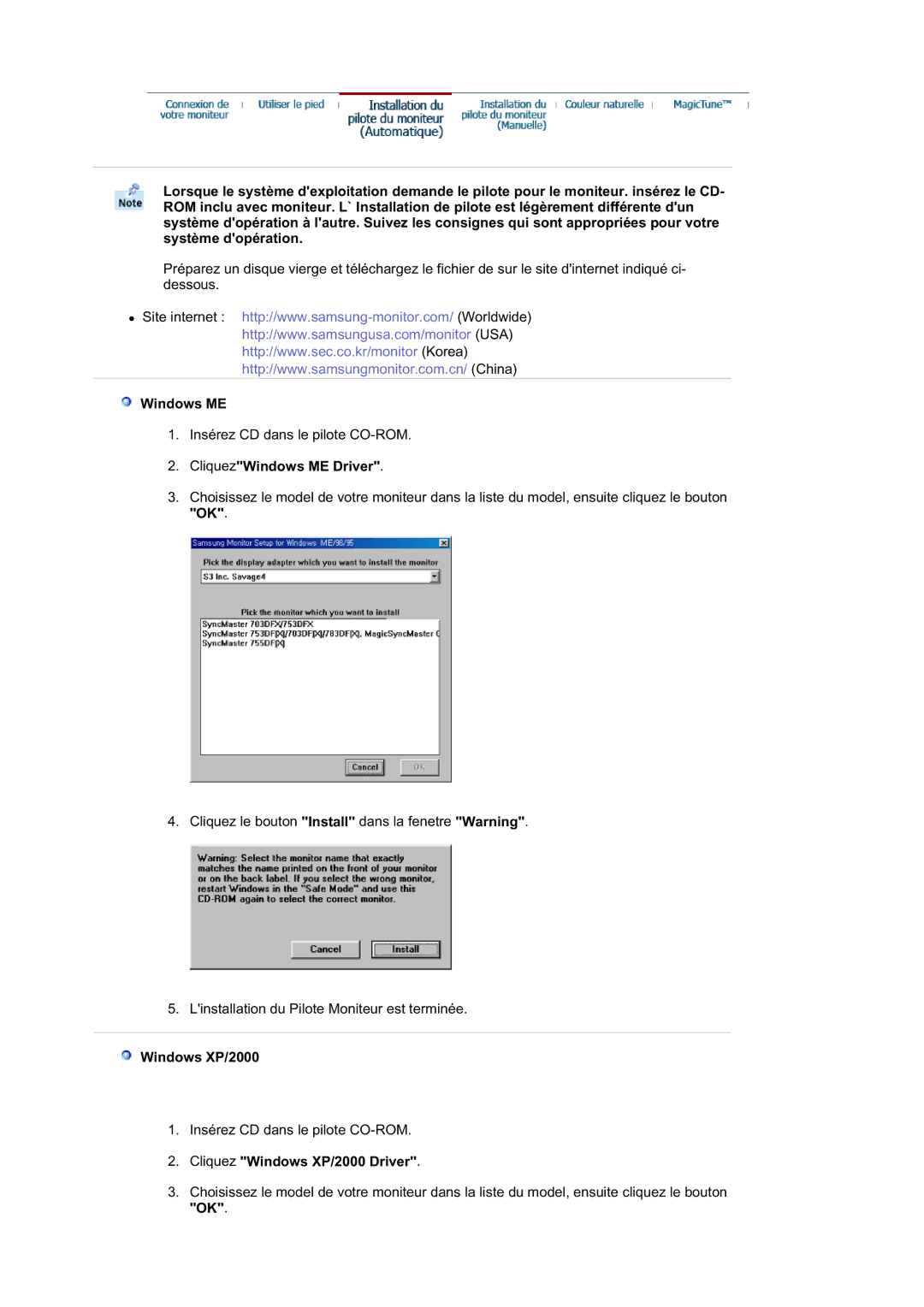 Samsung RL19PSUSQ/EDC, RL17ASUS/EDC, RL17ASQS/EDC manual CliquezWindows ME Driver, Cliquez Windows XP/2000 Driver 