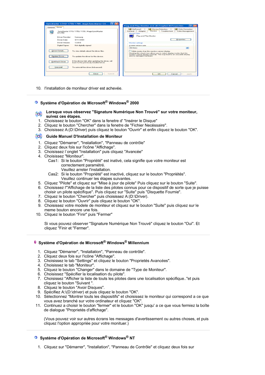 Samsung RL19PSUSQ/EDC manual Guide Manuel DInstallation de Moniteur, Système dOpération de Microsoft Windows Millennium 