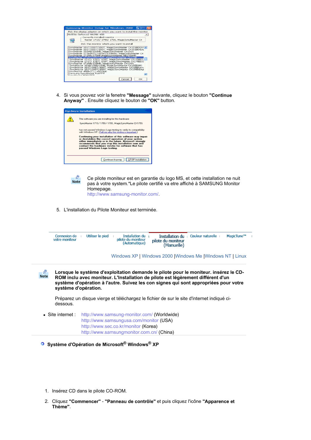 Samsung RL17ASUS/EDC, RL19PSUSQ/EDC, RL17ASQS/EDC, RL19PSQSQ/EDC manual Système dOpération de Microsoft Windows XP 