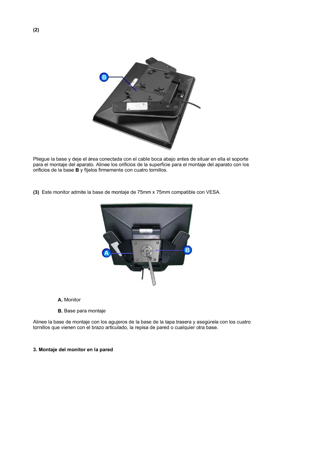 Samsung RL17ASQS/EDC, RL19PSUSQ/EDC, RL17ASUS/EDC, RL19PSQSQ/EDC manual Montaje del monitor en la pared 