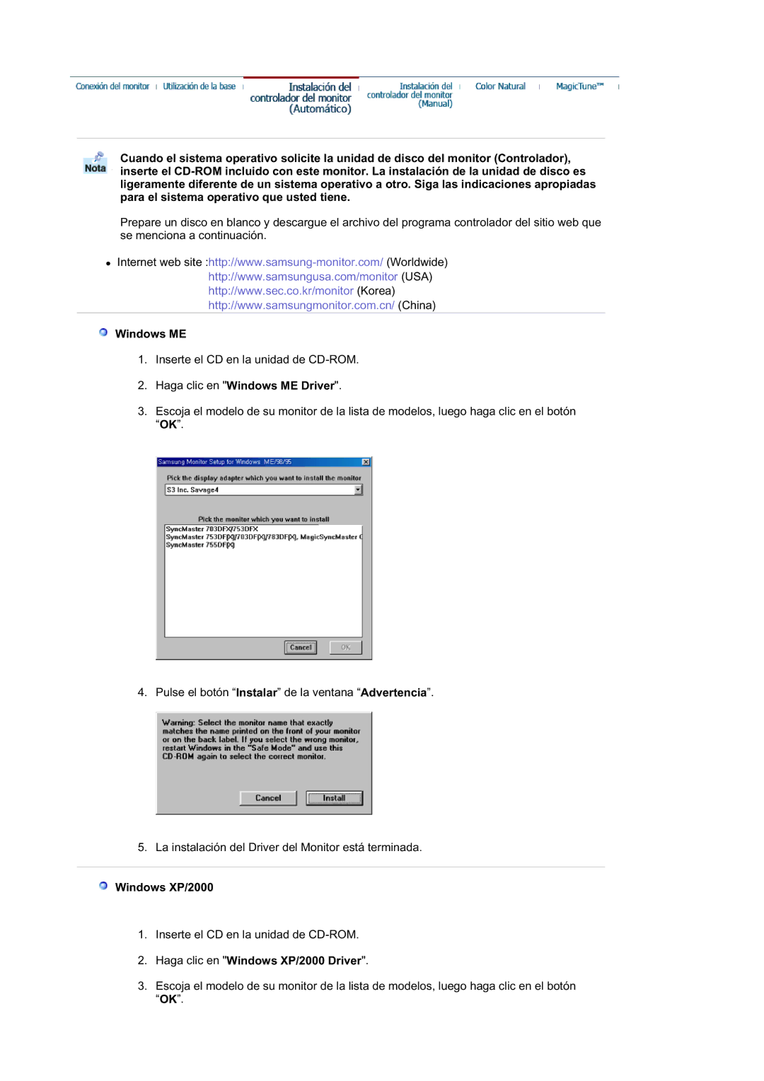 Samsung RL19PSUSQ/EDC, RL17ASUS/EDC manual Haga clic en Windows ME Driver, Haga clic en Windows XP/2000 Driver 