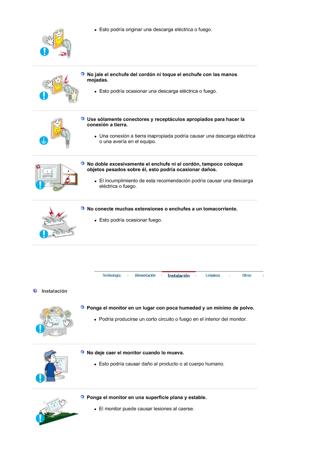 Samsung RL19PSQSQ/EDC, RL19PSUSQ/EDC, RL17ASUS/EDC No conecte muchas extensiones o enchufes a un tomacorriente, Instalación 