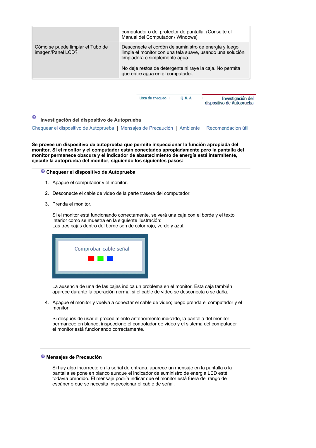 Samsung RL19PSQSQ/EDC, RL19PSUSQ/EDC, RL17ASUS/EDC manual Investigación del dispositivo de Autoprueba, Mensajes de Precaución 