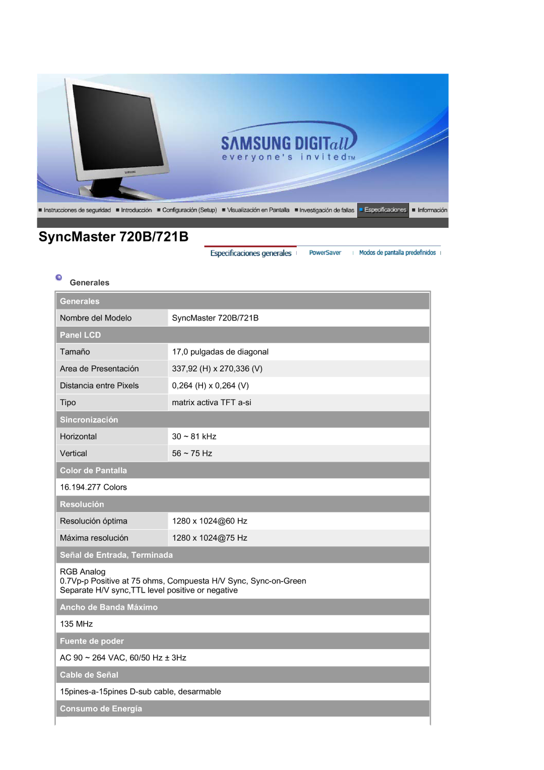 Samsung RL17ASQS/EDC, RL19PSUSQ/EDC, RL17ASUS/EDC, RL19PSQSQ/EDC manual Generales, Panel LCD 