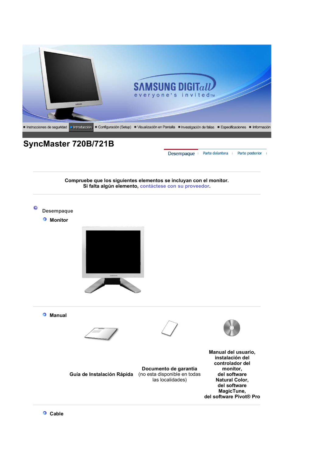 Samsung RL17ASUS/EDC, RL19PSUSQ/EDC, RL17ASQS/EDC manual Desempaque, Natural Color, MagicTune, Del software Pivot Pro, Cable 