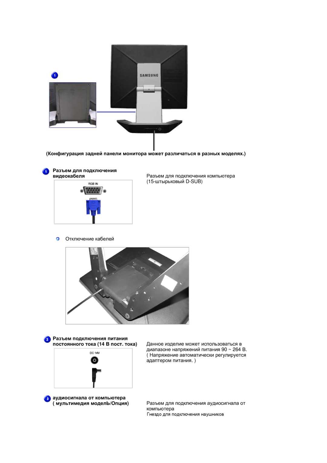 Samsung RL19PSUSQ/EDC, RL17ASUS/EDC, RL17ASQS/EDC, RL19PSQSQ/EDC manual Ɋɚɡɴɟɦ ɩɨɞɤɥɸɱɟɧɢɹ ɩɢɬɚɧɢɹ, ɚɭɞɢɨɫɢɝɧɚɥɚ ɨɬ ɤɨɦɩɶɸɬɟɪɚ 