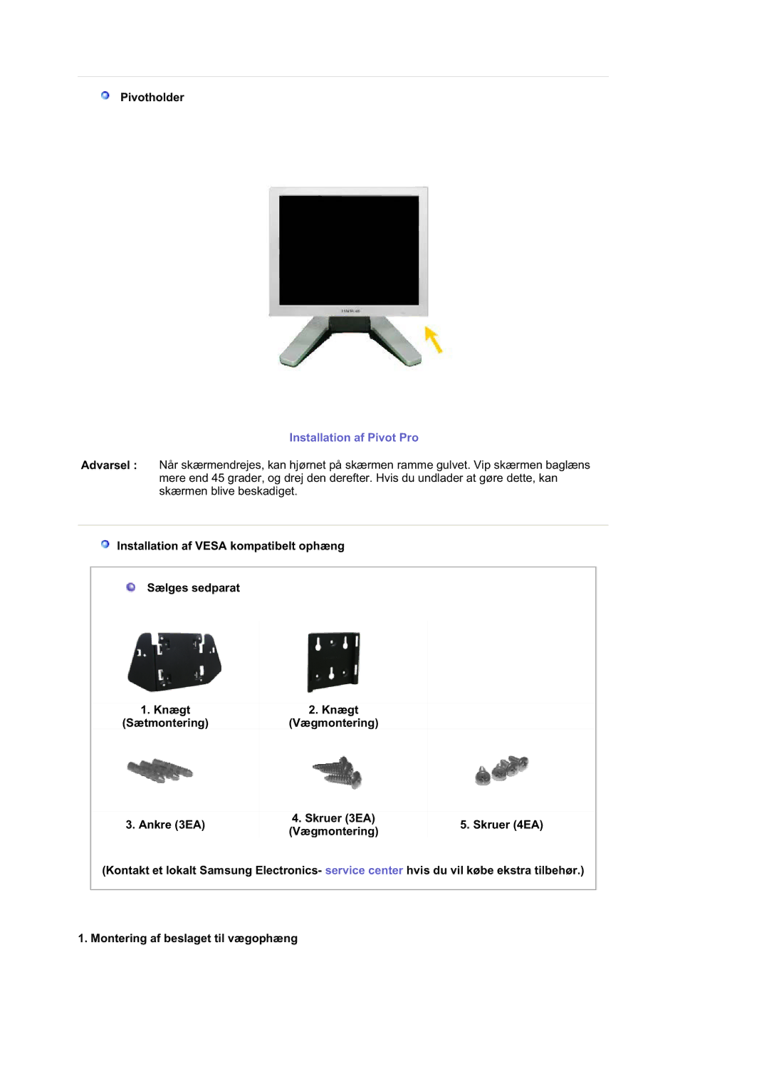 Samsung RL17ASUS/EDC, RL19PSUSQ/EDC, RL17ASQS/EDC manual Installation af Pivot Pro 