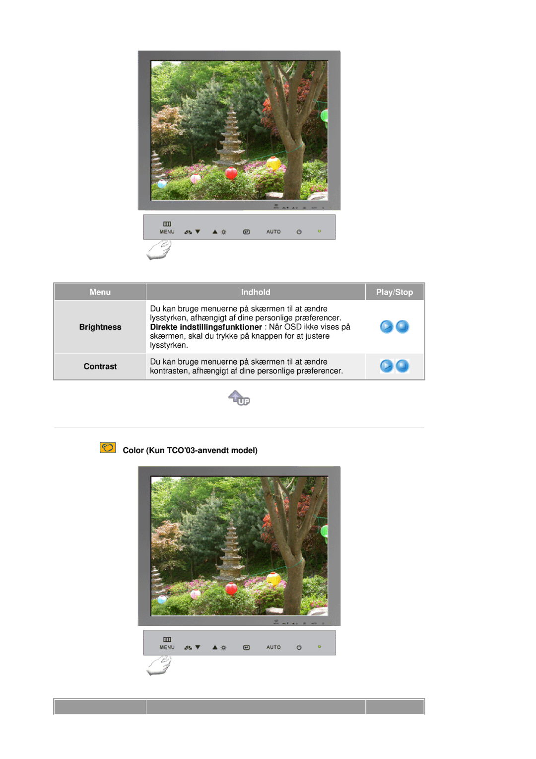 Samsung RL17ASUS/EDC, RL19PSUSQ/EDC manual Menu, Brightness Contrast, IndholdPlay/Stop, Color Kun TCO03-anvendt model 