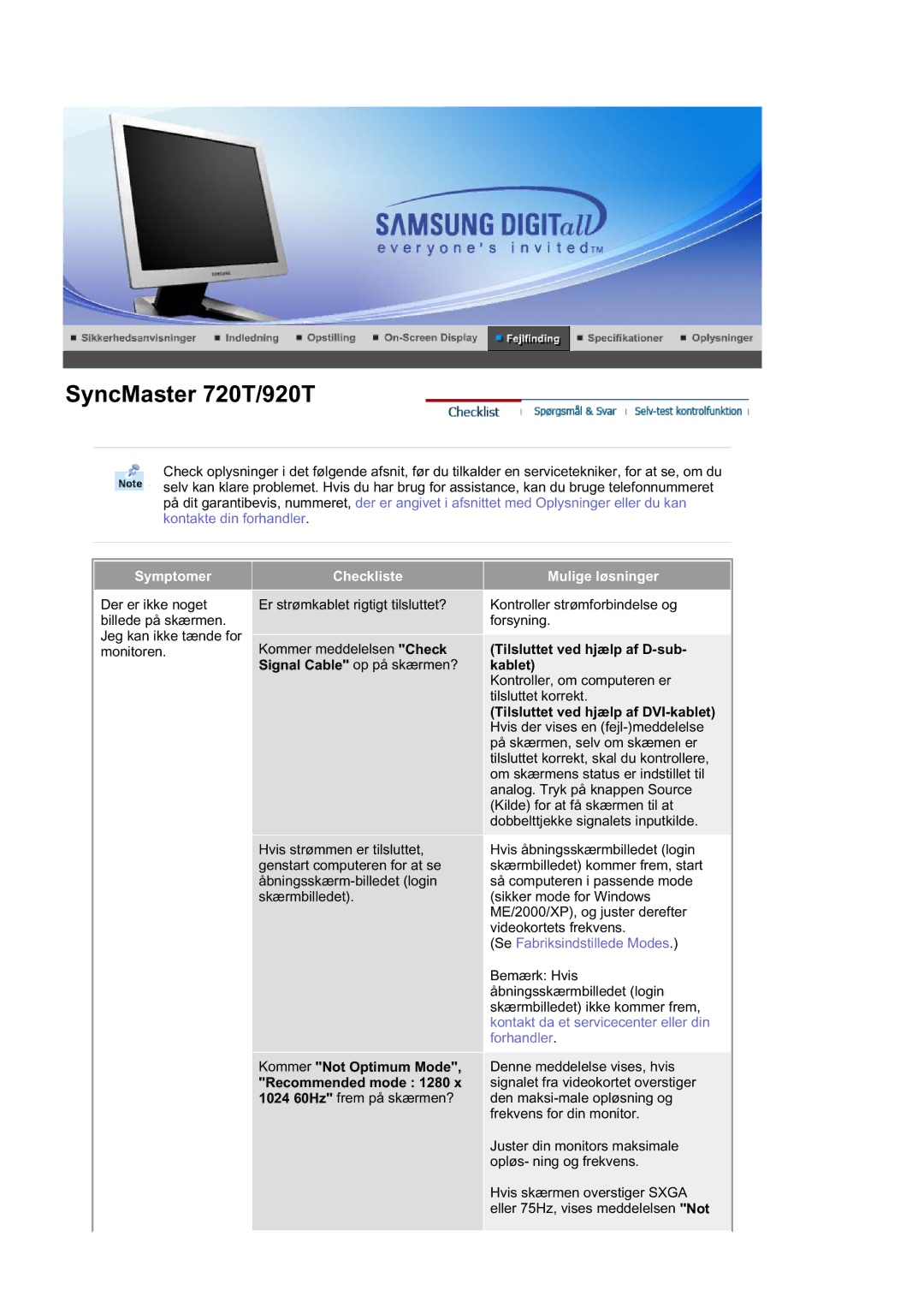 Samsung RL19PSUSQ/EDC, RL17ASUS/EDC, RL17ASQS/EDC manual Symptomer, Tilsluttet ved hjælp af D-sub- kablet 