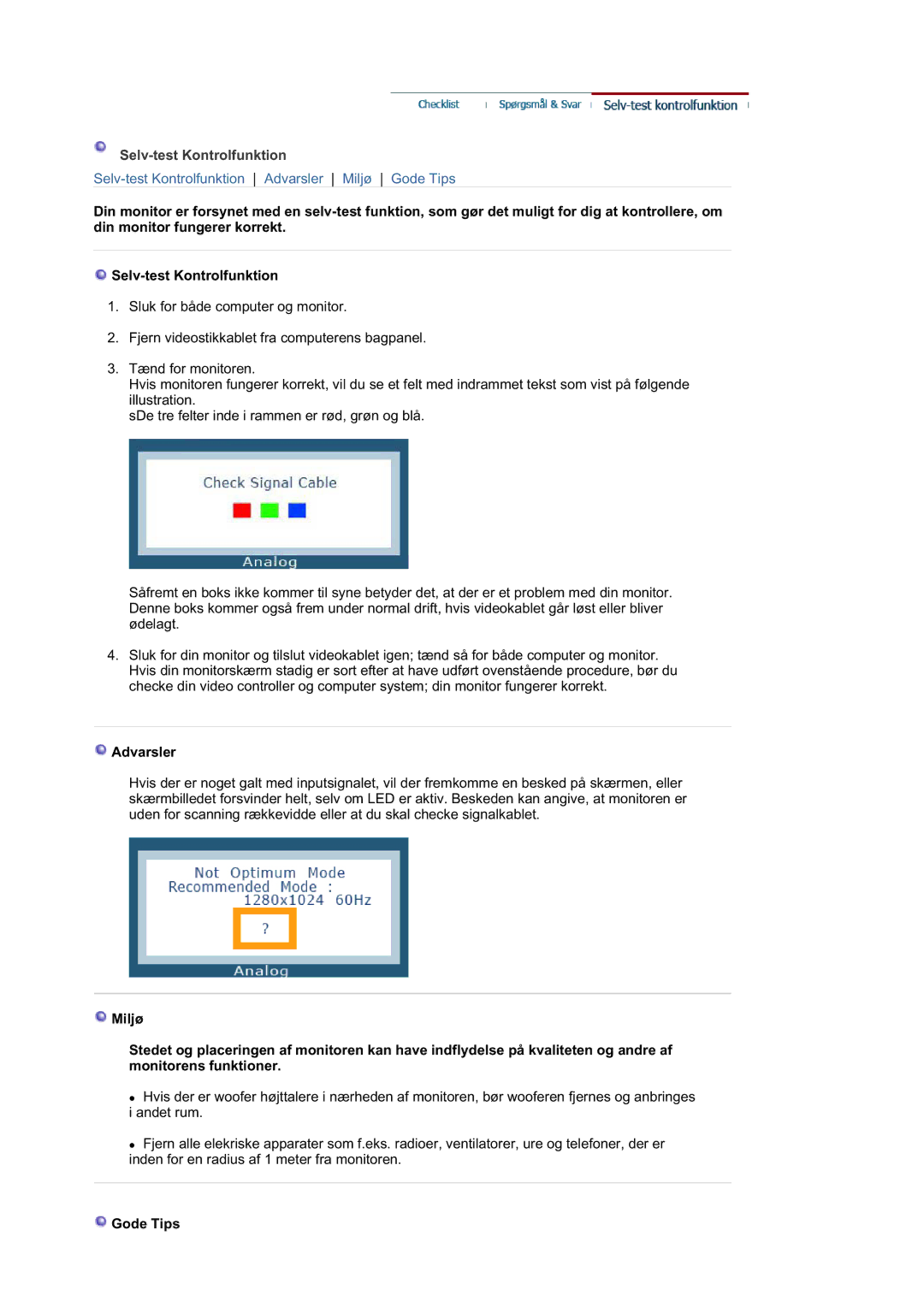 Samsung RL19PSUSQ/EDC, RL17ASUS/EDC, RL17ASQS/EDC manual Selv-test Kontrolfunktion 