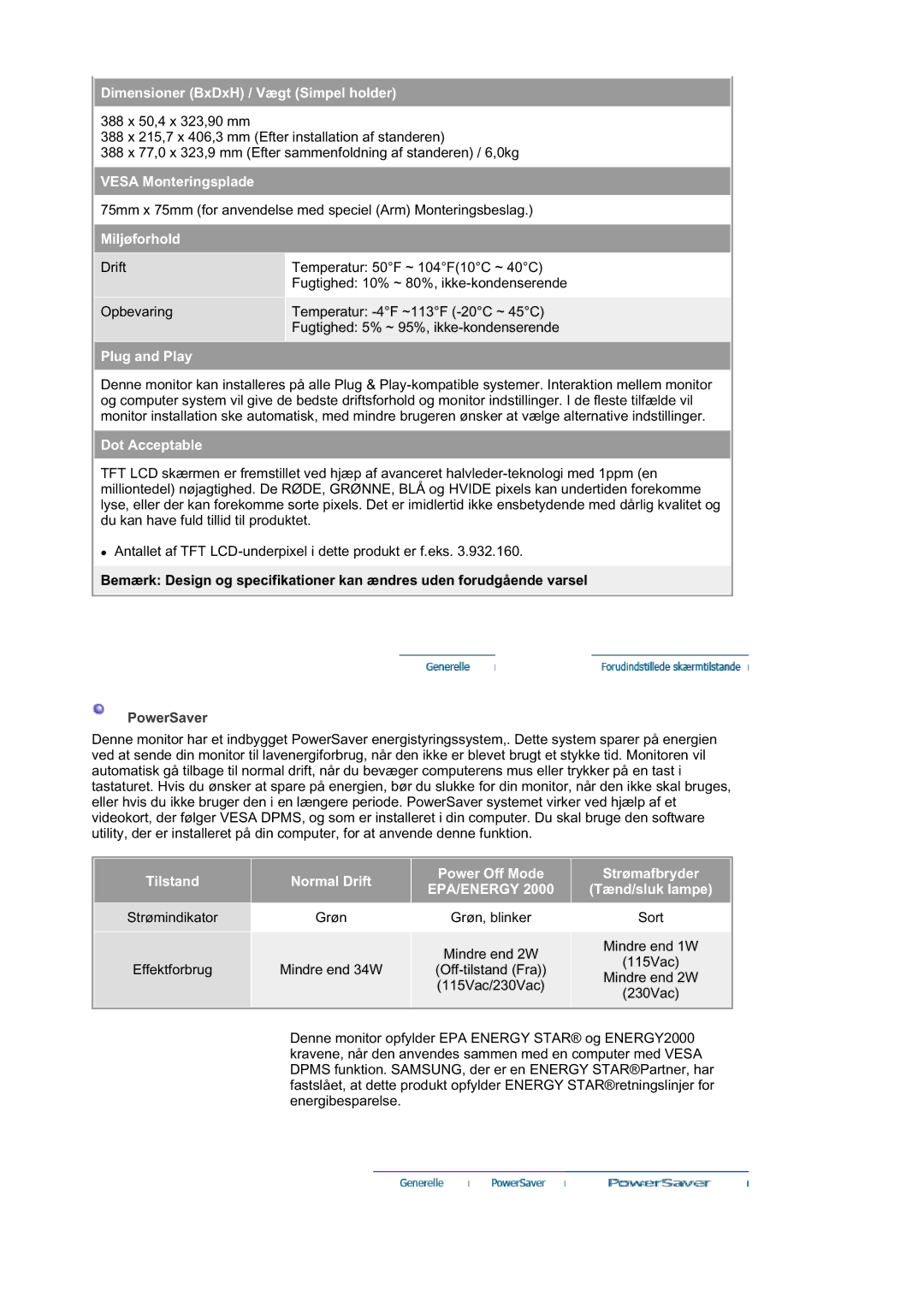 Samsung RL19PSUSQ/EDC manual Dimensioner BxDxH / Vægt Simpel holder, Vesa Monteringsplade, Miljøforhold, Plug and Play 