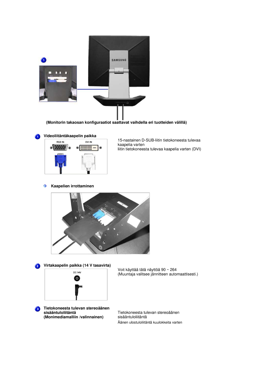 Samsung RL17ASQS/EDC manual Kaapelien irrottaminen Virtakaapelin paikka 14 V tasavirta, Tietokoneesta tulevan stereoäänen 