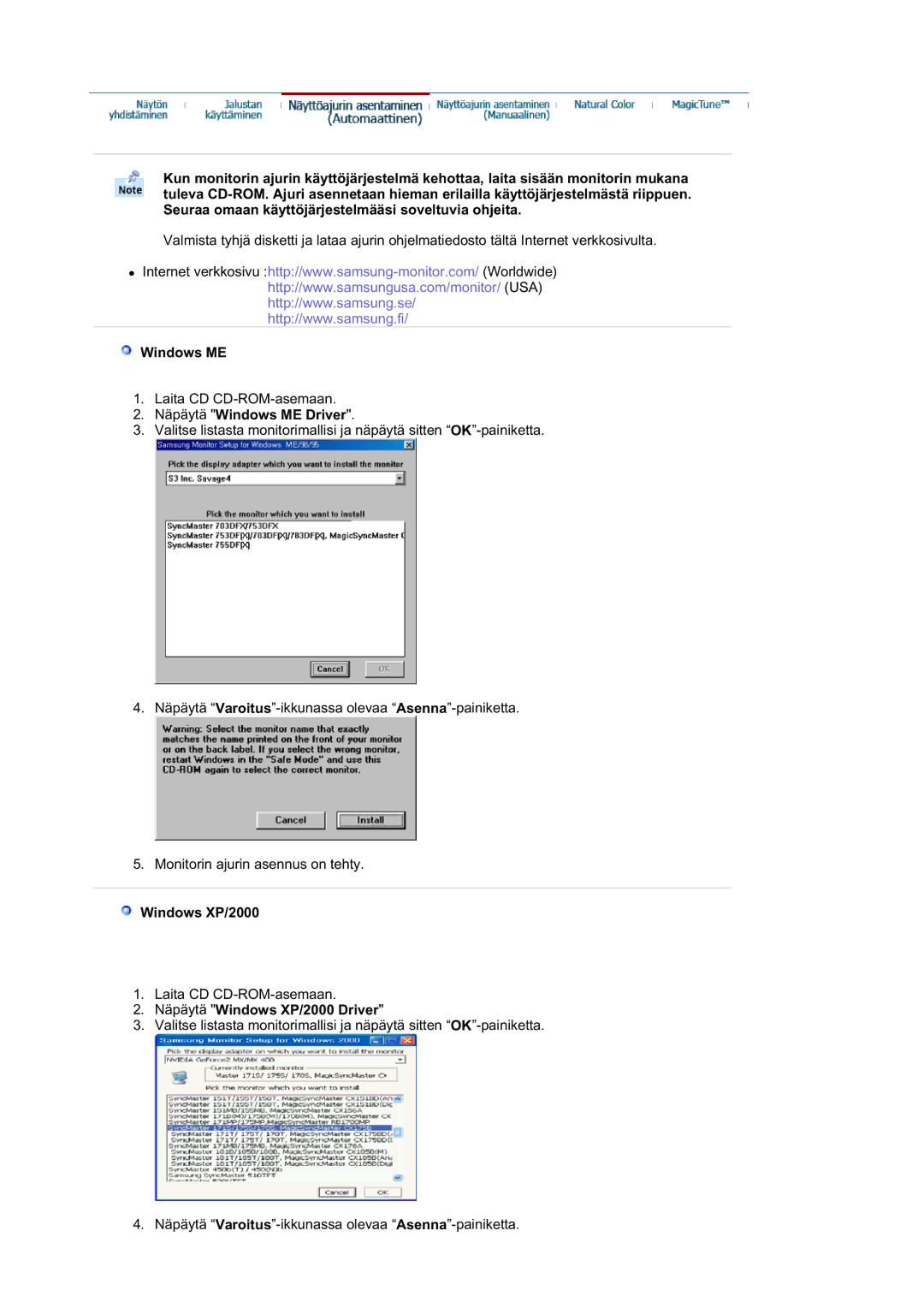 Samsung RL19PSUSQ/EDC, RL17ASUS/EDC, RL17ASQS/EDC manual Näpäytä Windows ME Driver, Näpäytä Windows XP/2000 Driver 