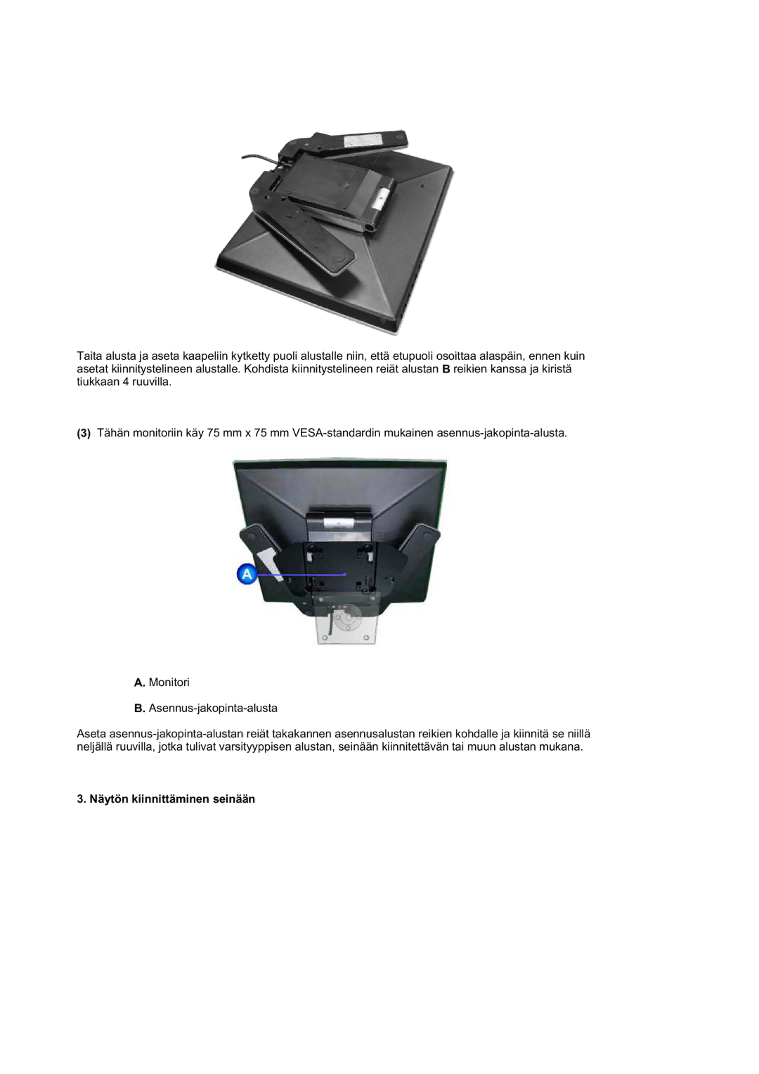 Samsung RL17ASUS/EDC, RL19PSUSQ/EDC, RL17ASQS/EDC manual Näytön kiinnittäminen seinään 