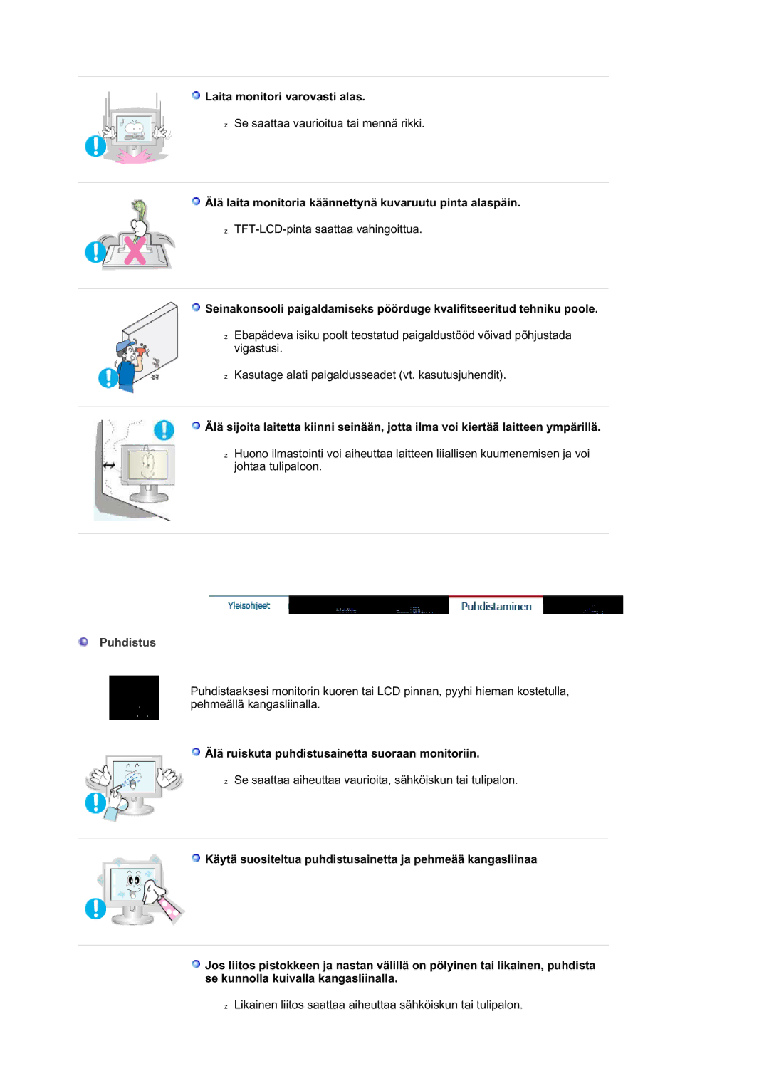 Samsung RL17ASUS/EDC, RL17ASQS/EDC Laita monitori varovasti alas, Älä laita monitoria käännettynä kuvaruutu pinta alaspäin 