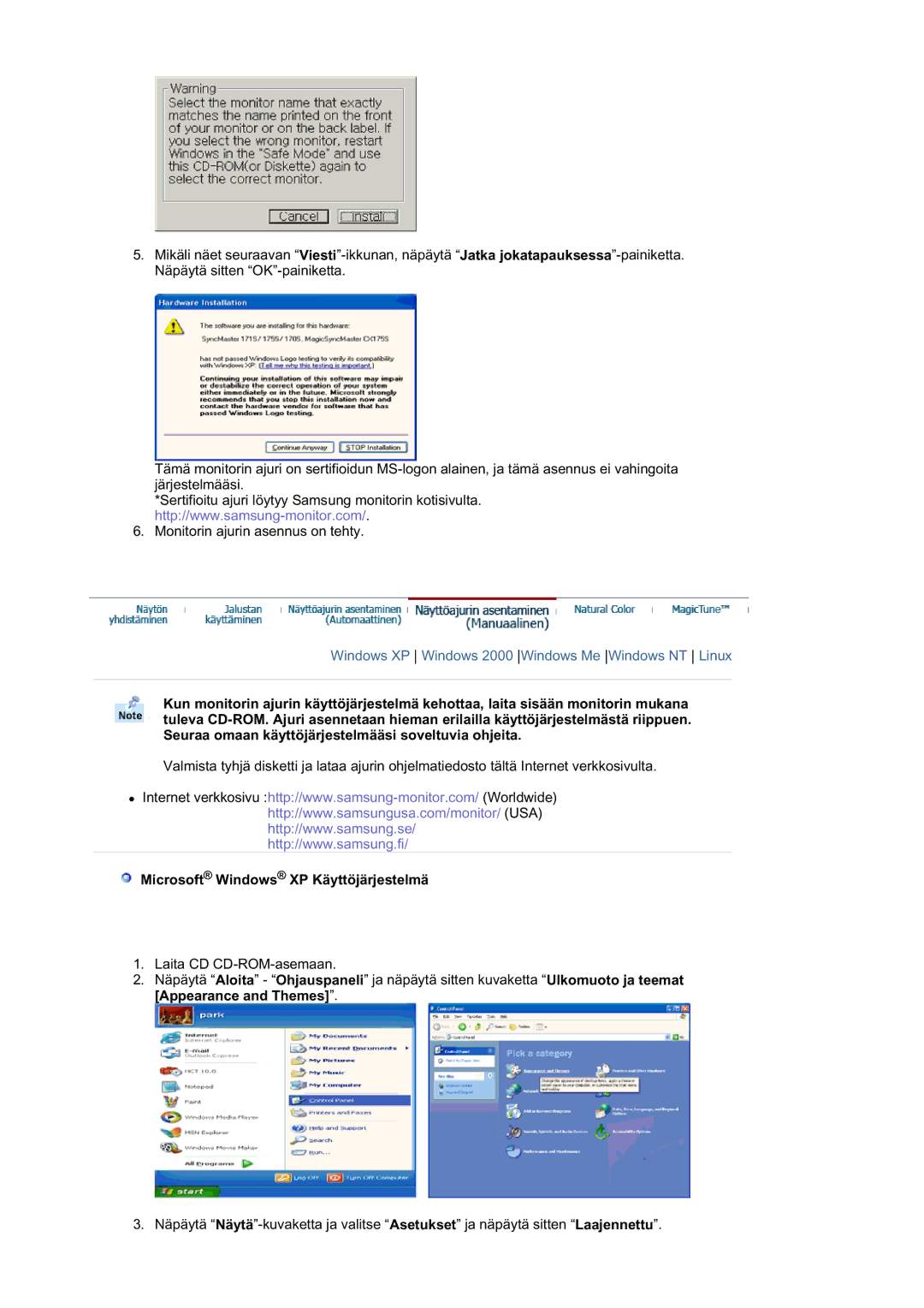 Samsung RL17ASUS/EDC, RL19PSUSQ/EDC, RL17ASQS/EDC manual Microsoft Windows XP Käyttöjärjestelmä 