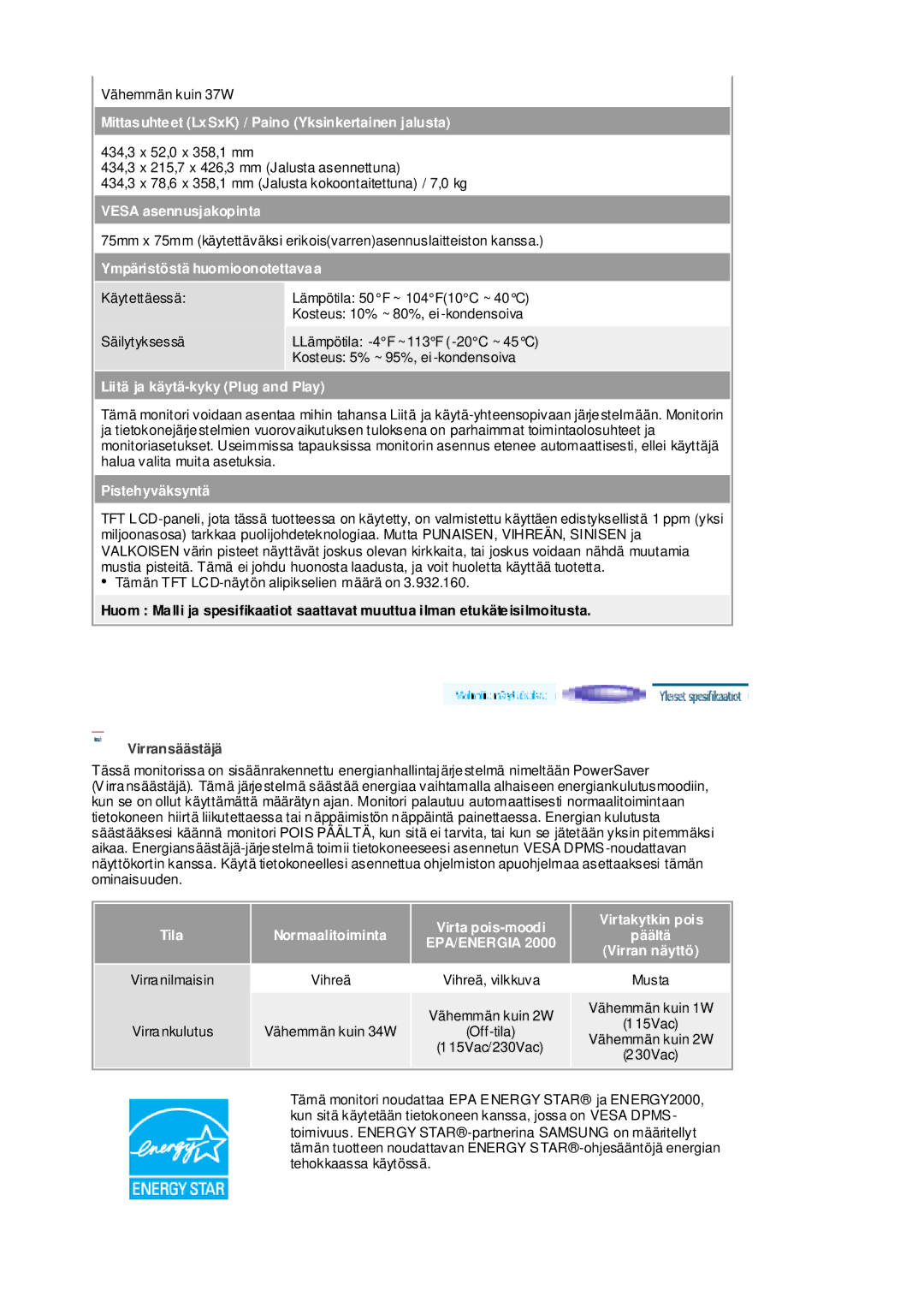 Samsung RL17ASUS/EDC, RL19PSUSQ/EDC, RL17ASQS/EDC manual Vähemmän kuin 37W 