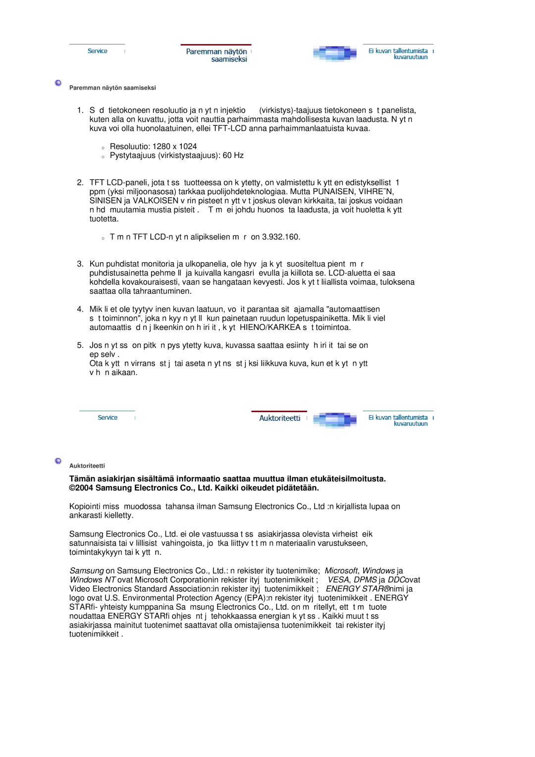 Samsung RL17ASUS/EDC, RL19PSUSQ/EDC, RL17ASQS/EDC manual Paremman näytön saamiseksi 