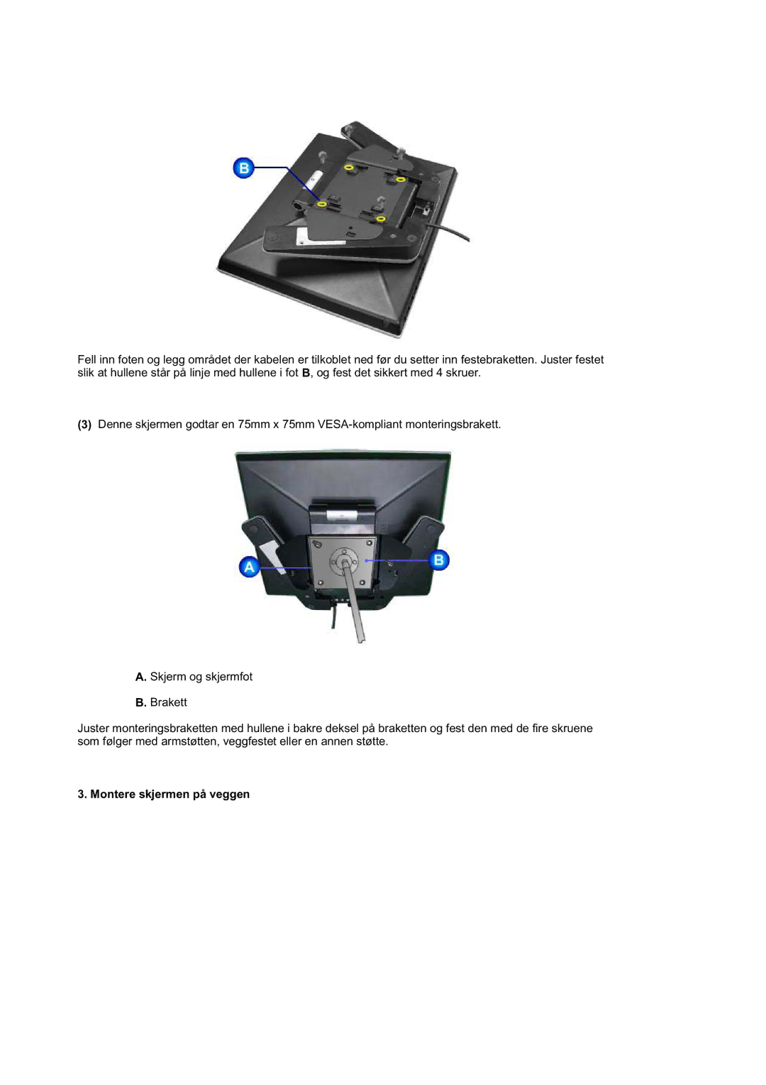 Samsung RL19PSUSQ/EDC, RL17ASUS/EDC, RL17ASQS/EDC manual Montere skjermen på veggen 