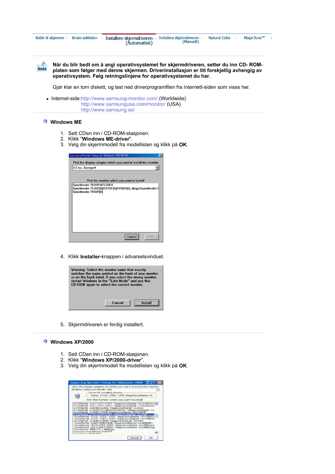 Samsung RL17ASQS/EDC, RL19PSUSQ/EDC, RL17ASUS/EDC manual Klikk Windows ME-driver, Klikk Windows XP/2000-driver 