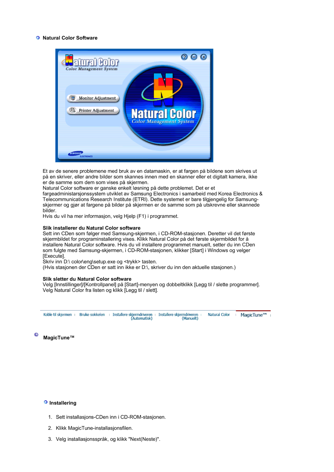 Samsung RL17ASUS/EDC manual Natural Color Software, Slik installerer du Natural Color software, MagicTune Installering 