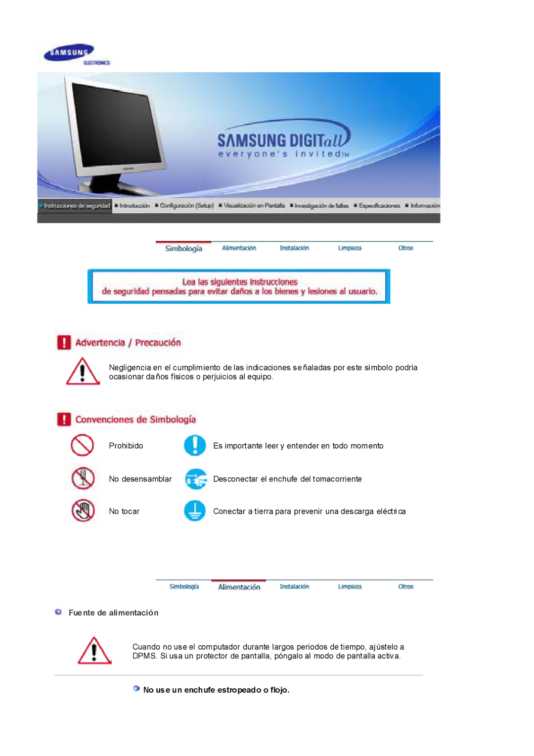 Samsung RL19PSQSQ/EDC, RL19PSUSQ/EDC, RL17ESQSB/EDC manual Fuente de alimentación, No use un enchufe estropeado o flojo 