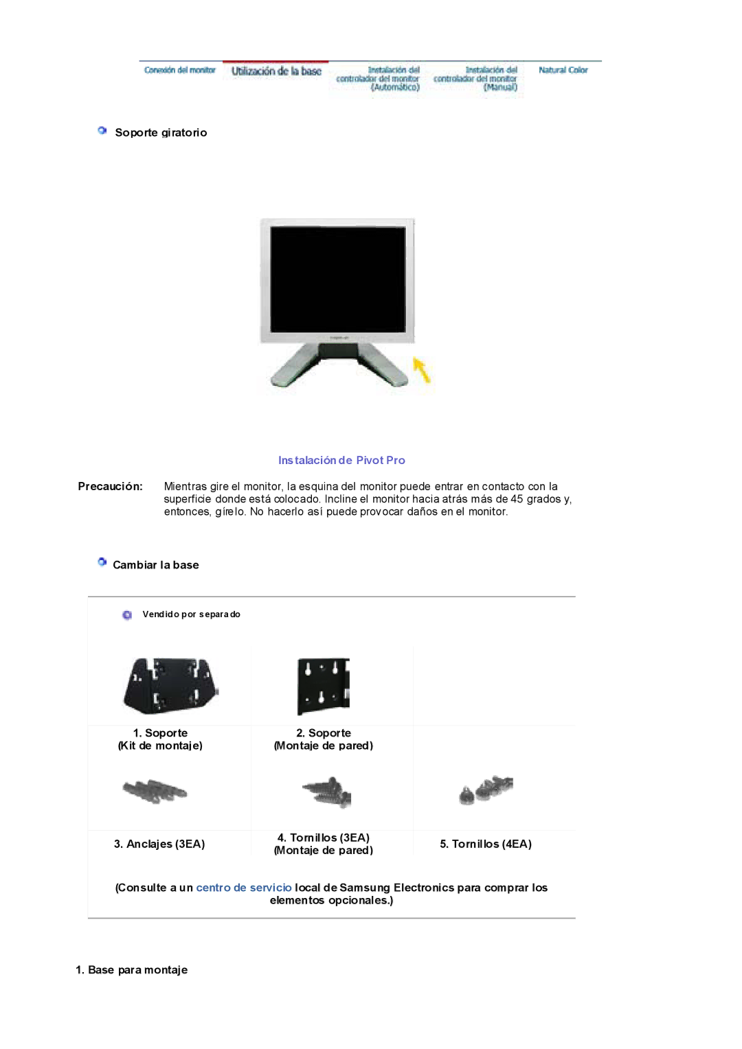 Samsung RL19PSUSQ/EDC, RL17ESQSB/EDC, RL19PSQSQ/EDC, RL17ESUSB/EDC manual Instalación de Pivot Pro 