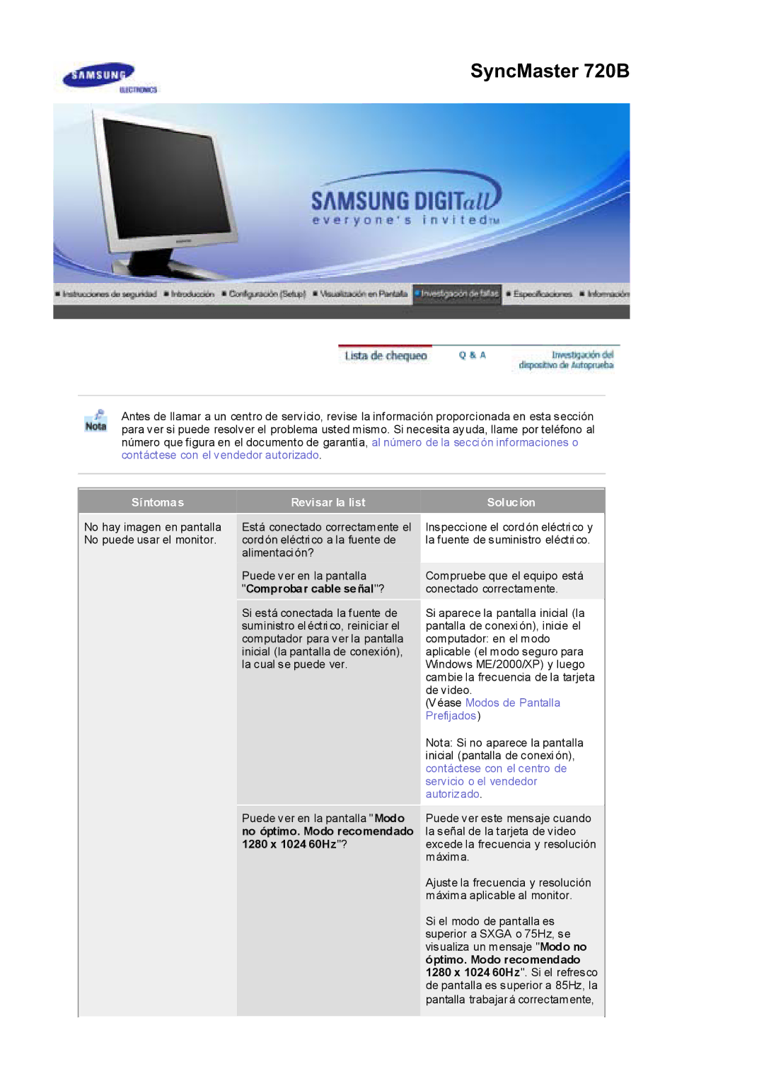 Samsung RL19PSUSQ/EDC, RL17ESQSB/EDC, RL19PSQSQ/EDC, RL17ESUSB/EDC manual Síntomas Revisar la list, Comprobar cable señal? 