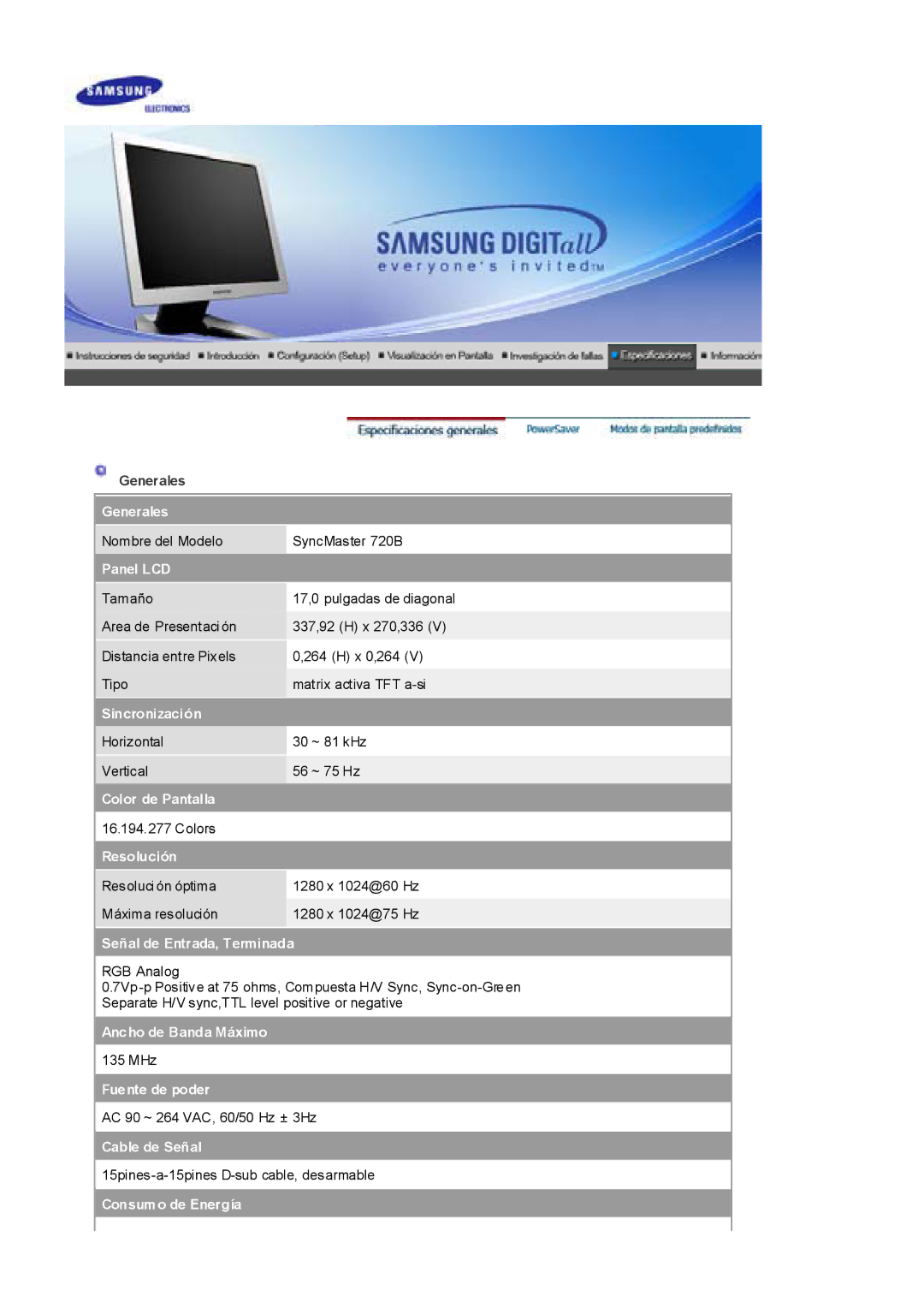 Samsung RL19PSQSQ/EDC, RL19PSUSQ/EDC, RL17ESQSB/EDC, RL17ESUSB/EDC manual Generales, Panel LCD 