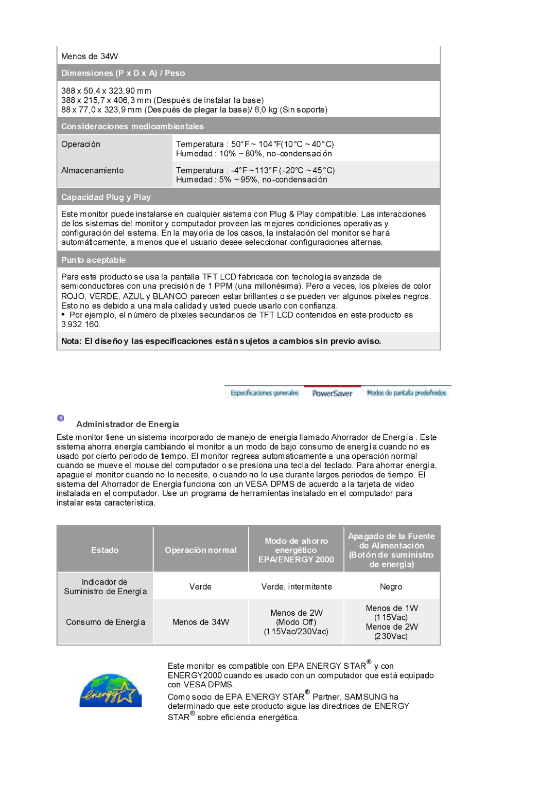 Samsung RL17ESUSB/EDC, RL19PSUSQ/EDC, RL17ESQSB/EDC, RL19PSQSQ/EDC Dimensiones P x D x a / Peso, Administrador de Energía 