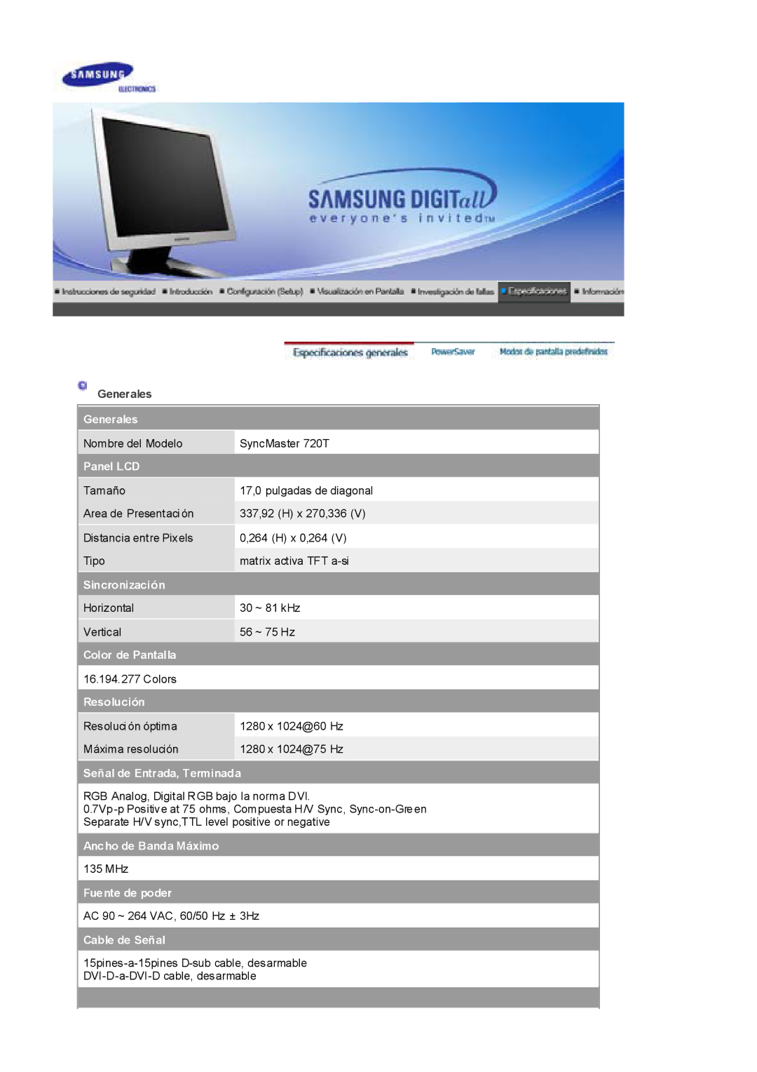 Samsung RL17ESQSB/EDC, RL19PSUSQ/EDC, RL19PSQSQ/EDC, RL17ESUSB/EDC manual Nombre del Modelo SyncMaster 720T 