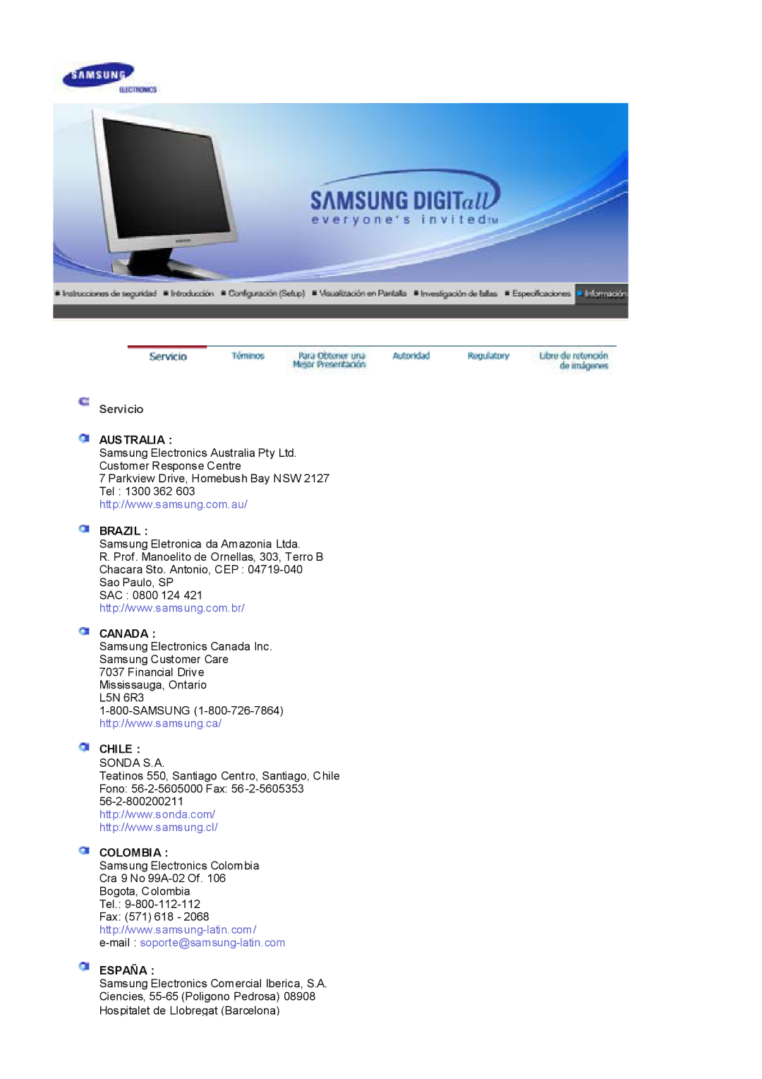 Samsung RL17ESUSB/EDC, RL19PSUSQ/EDC, RL17ESQSB/EDC, RL19PSQSQ/EDC manual Servicio, Australia Brazil 