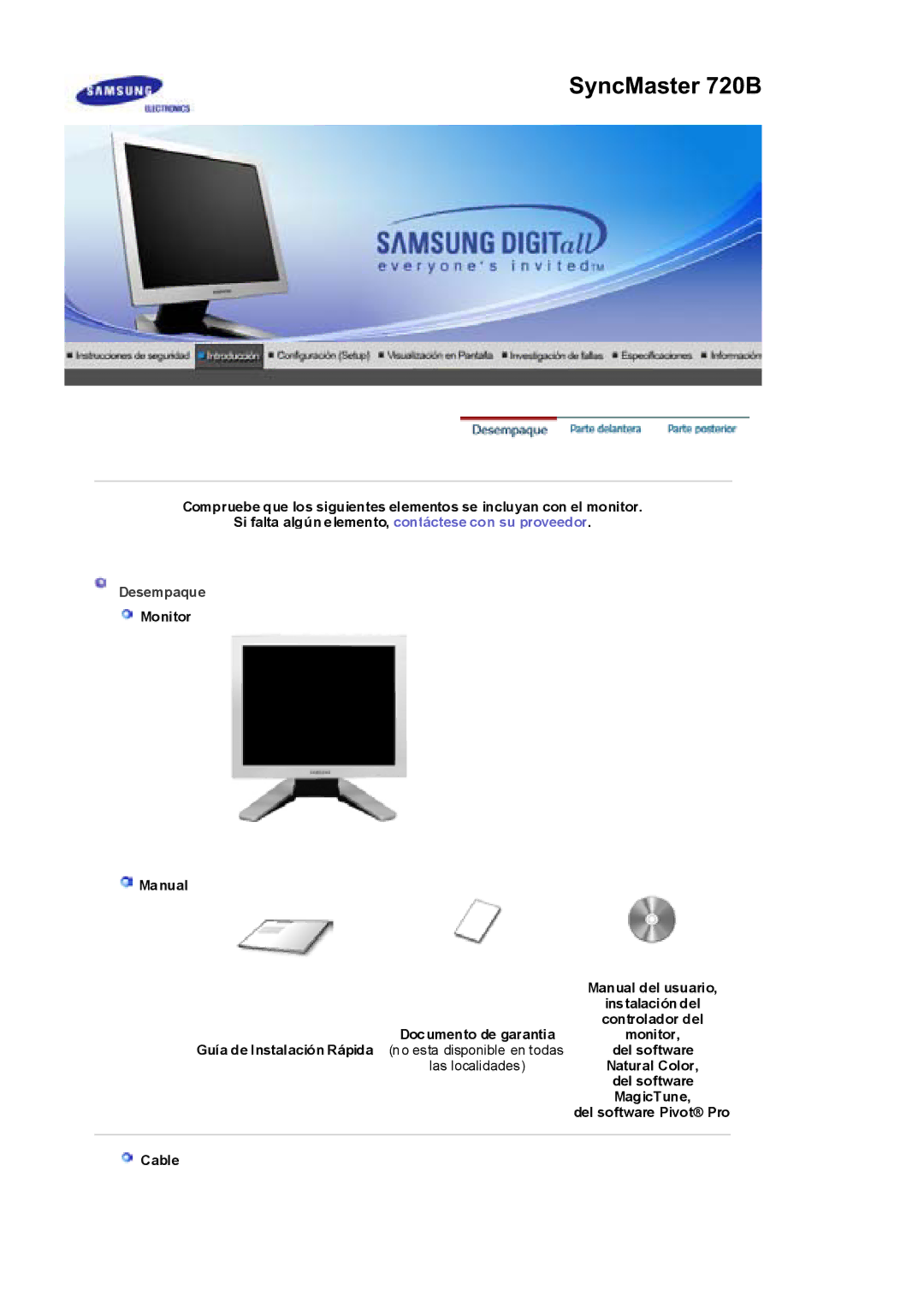 Samsung RL17ESQSB/EDC, RL19PSUSQ/EDC, RL19PSQSQ/EDC Desempaque, Natural Color, MagicTune, Del software Pivot Pro, Cable 