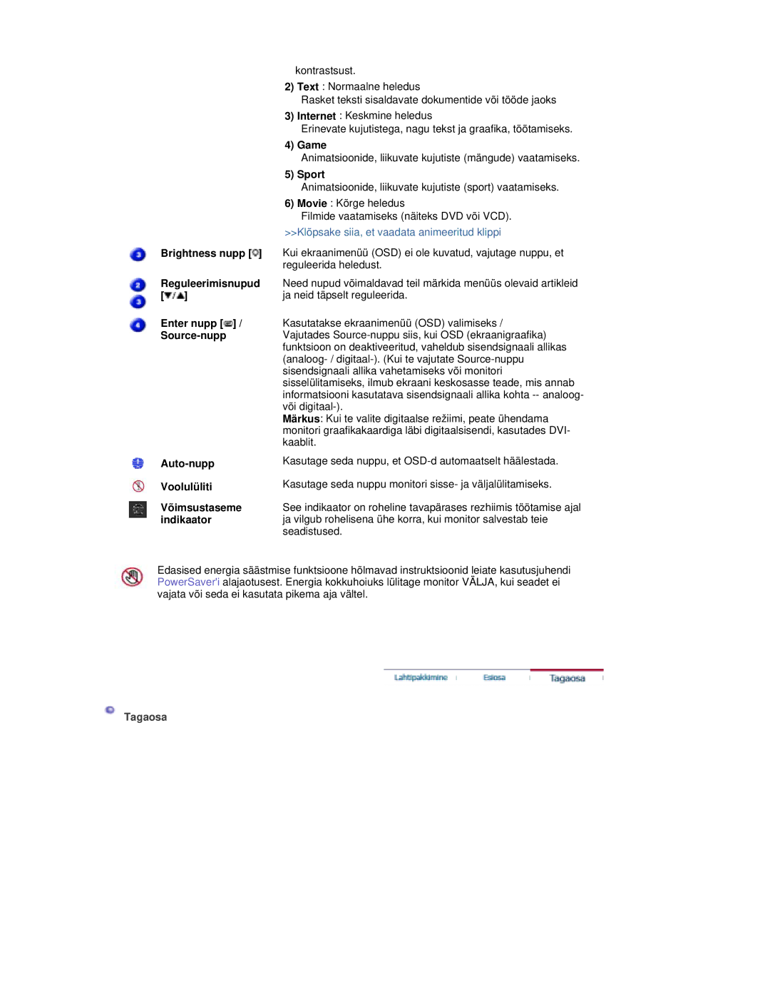 Samsung RL19PSUSQ/EDC, RL17PSQSQ/EDC, RL17ESQSB/EDC manual Brightness nupp, Enter nupp / Source-nupp Auto-nupp Voolulüliti 