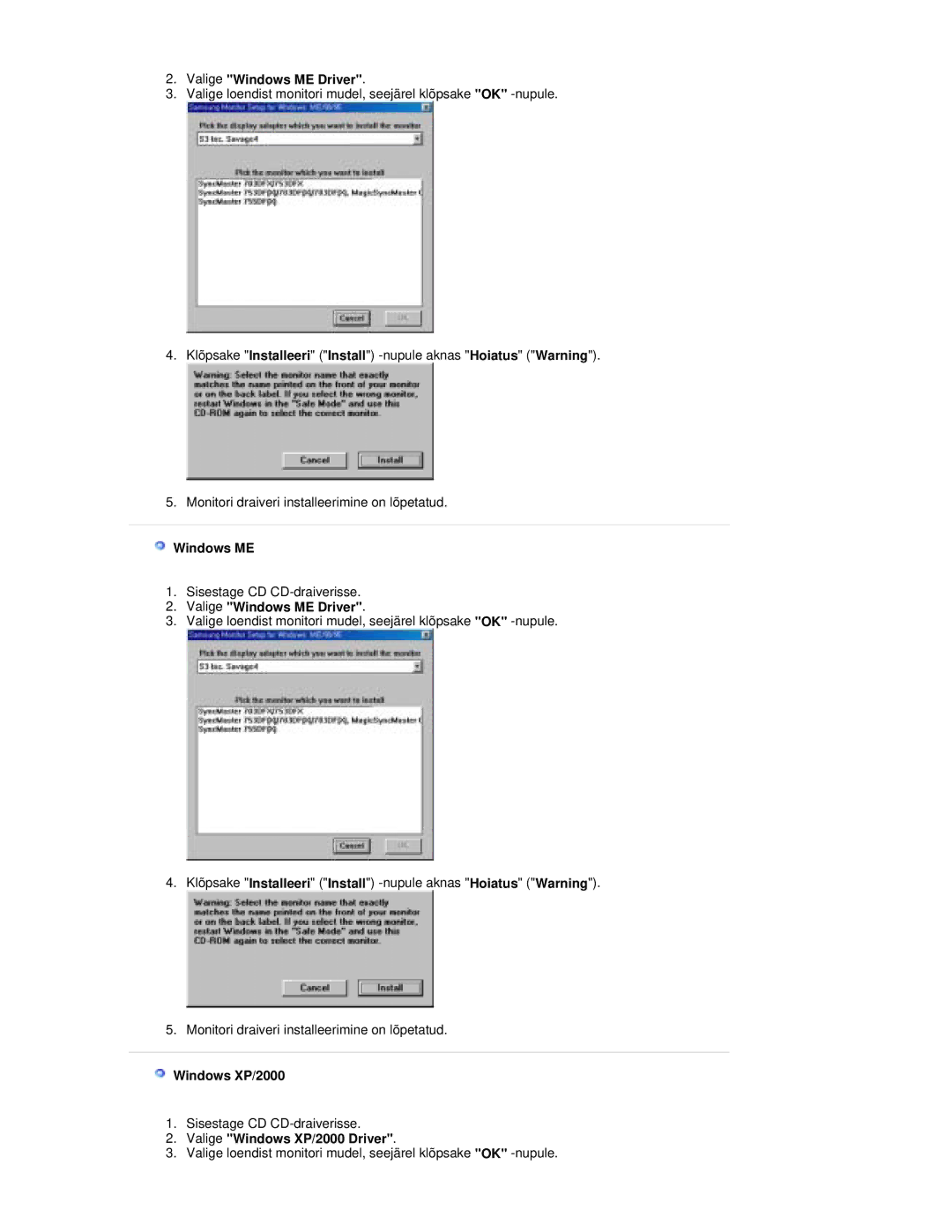 Samsung RL19PSQSQ/EDC, RL19PSUSQ/EDC, RL17PSQSQ/EDC manual Valige Windows ME Driver, Valige Windows XP/2000 Driver 