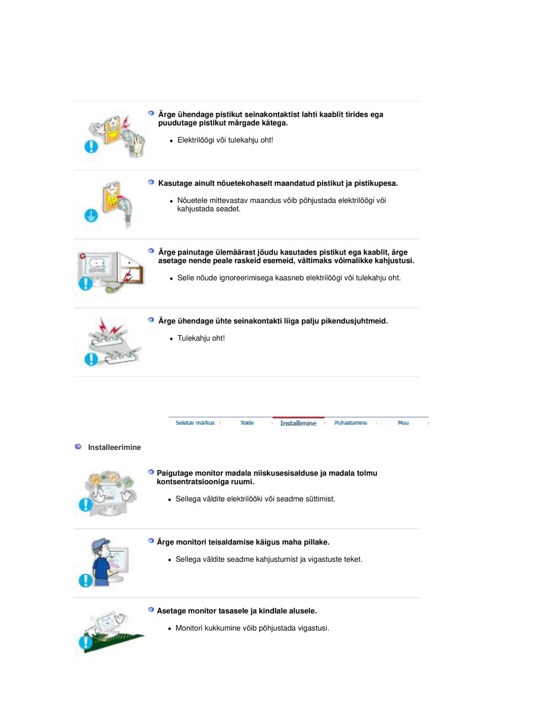 Samsung RL19PSQSQ/EDC, RL19PSUSQ/EDC, RL17PSQSQ/EDC manual Installeerimine, Ärge monitori teisaldamise käigus maha pillake 