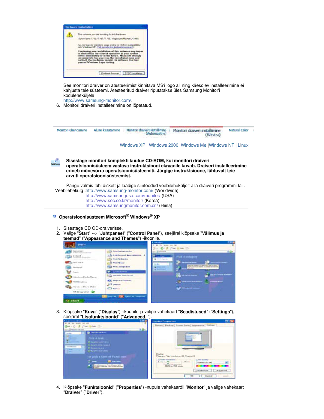 Samsung RL19PSUSQ/EDC, RL17PSQSQ/EDC, RL17ESQSB/EDC, RL19PSQSQ/EDC manual Windows XP Windows 2000 Windows Me Windows NT Linux 