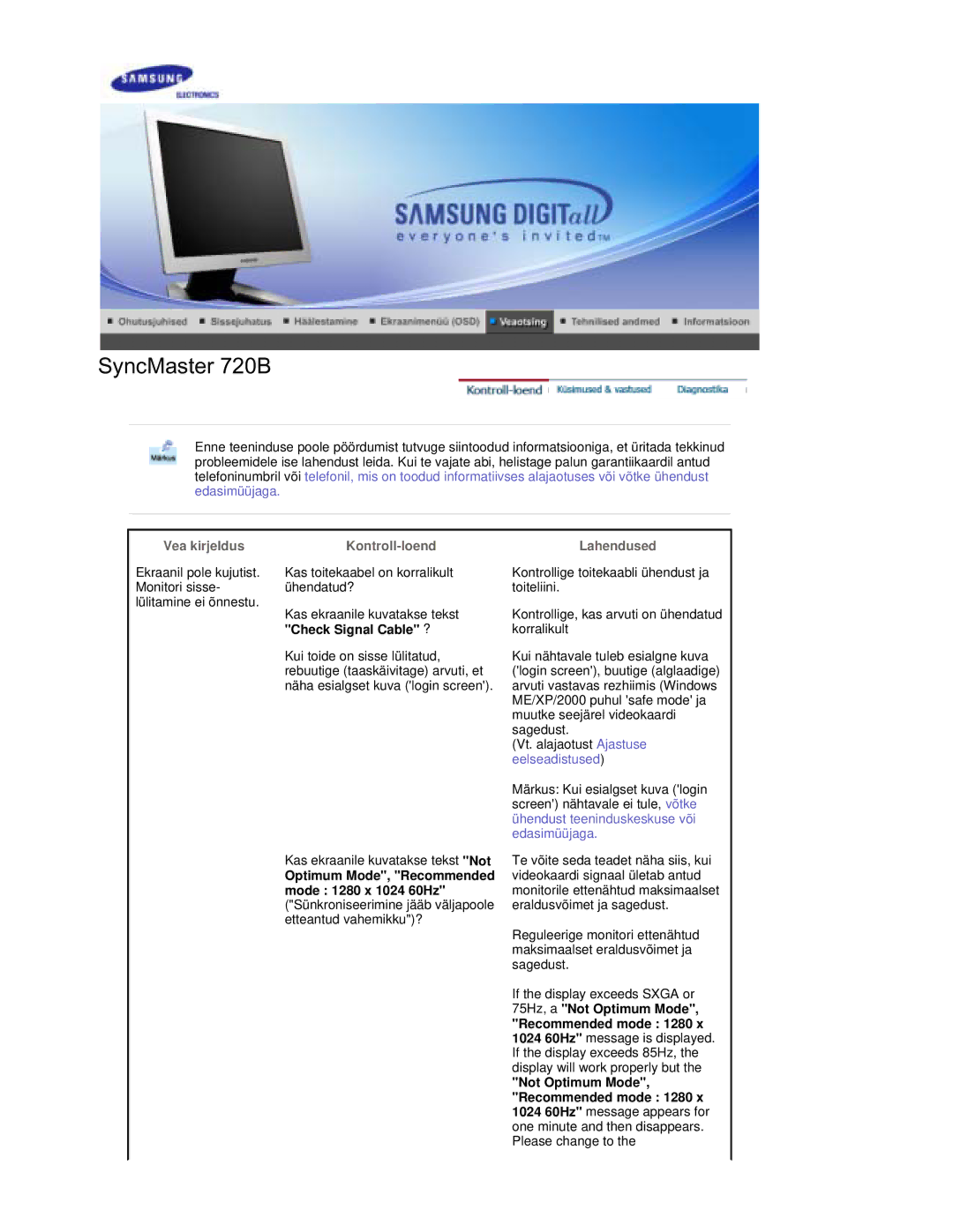 Samsung RL19PSQSQ/EDC, RL19PSUSQ/EDC, RL17PSQSQ/EDC, RL17ESQSB/EDC manual Vea kirjeldus Kontroll-loend, Check Signal Cable ? 