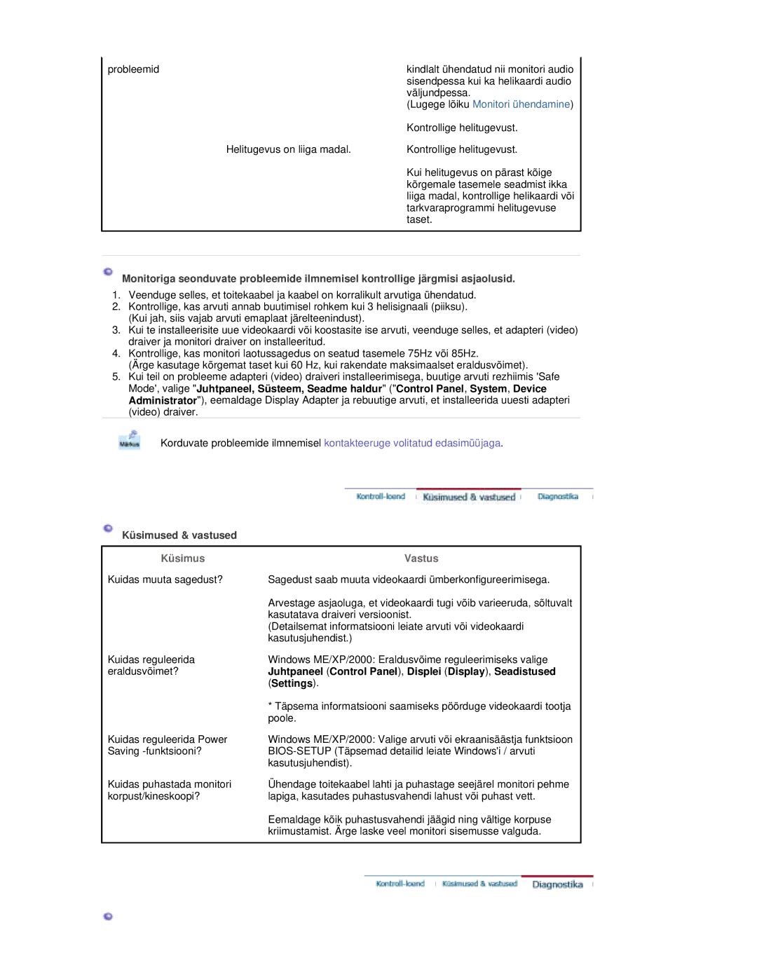 Samsung RL19PSUSQ/EDC manual Küsimused & vastused, Juhtpaneel Control Panel , Displei Display , Seadistused, Settings 