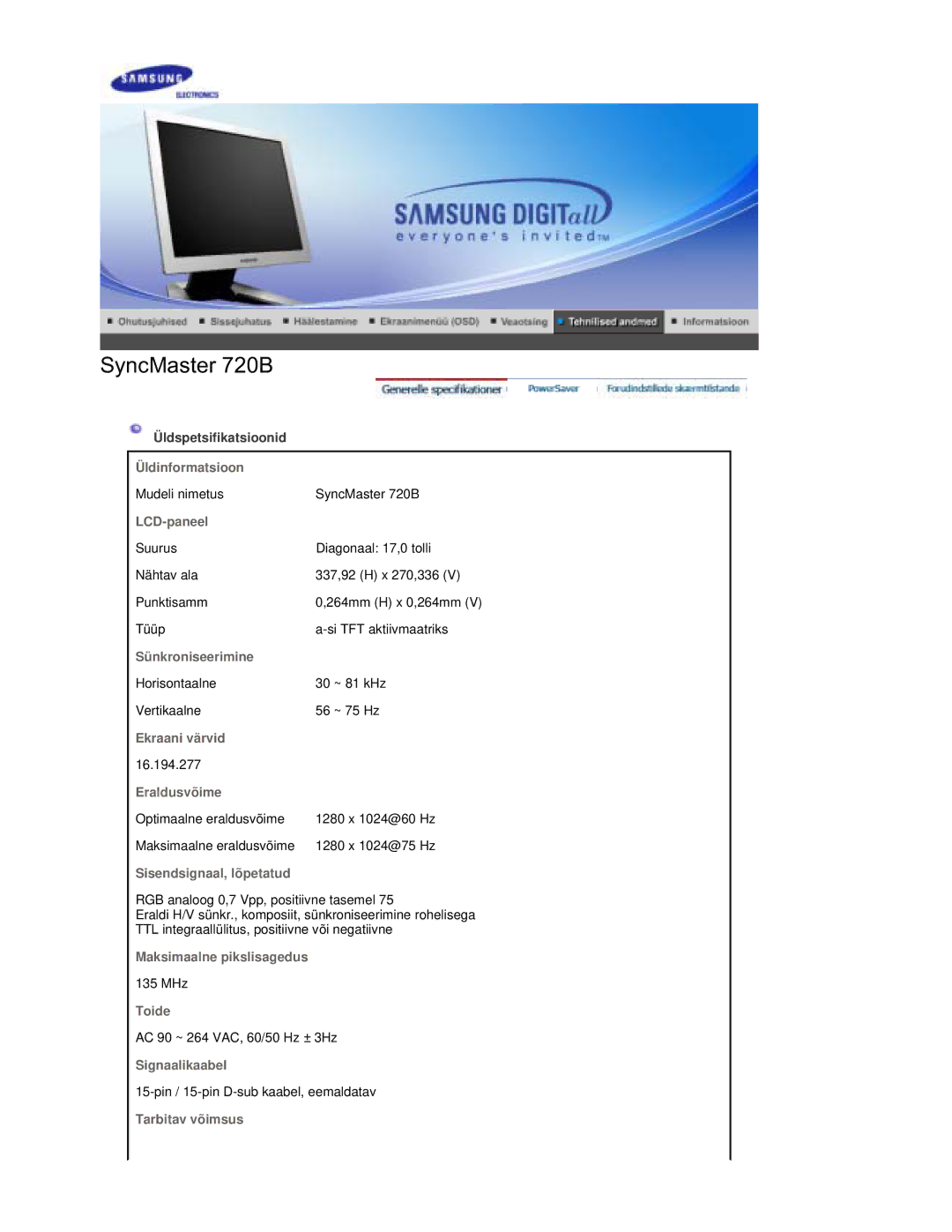 Samsung RL19PSQSQ/EDC, RL19PSUSQ/EDC, RL17PSQSQ/EDC, RL17ESQSB/EDC, RL17ESUSB/EDC manual Üldspetsifikatsioonid, LCD-paneel 